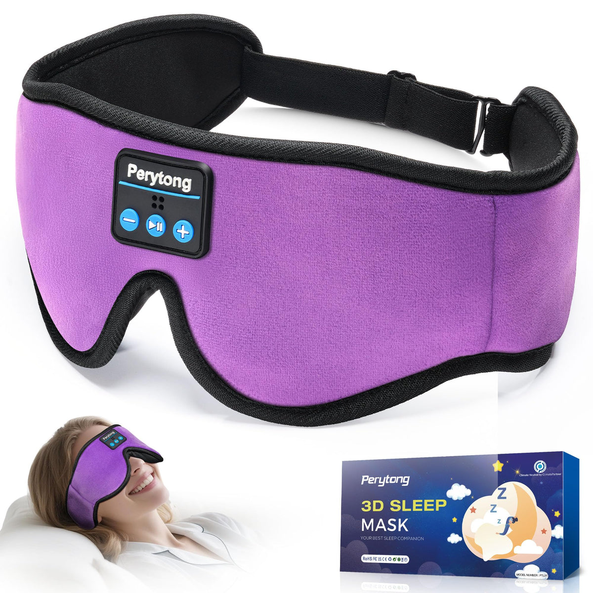Perytong masque-sommeil Bluetooth 5.4 avec écouteurs intégrés, obscurité et son clair.