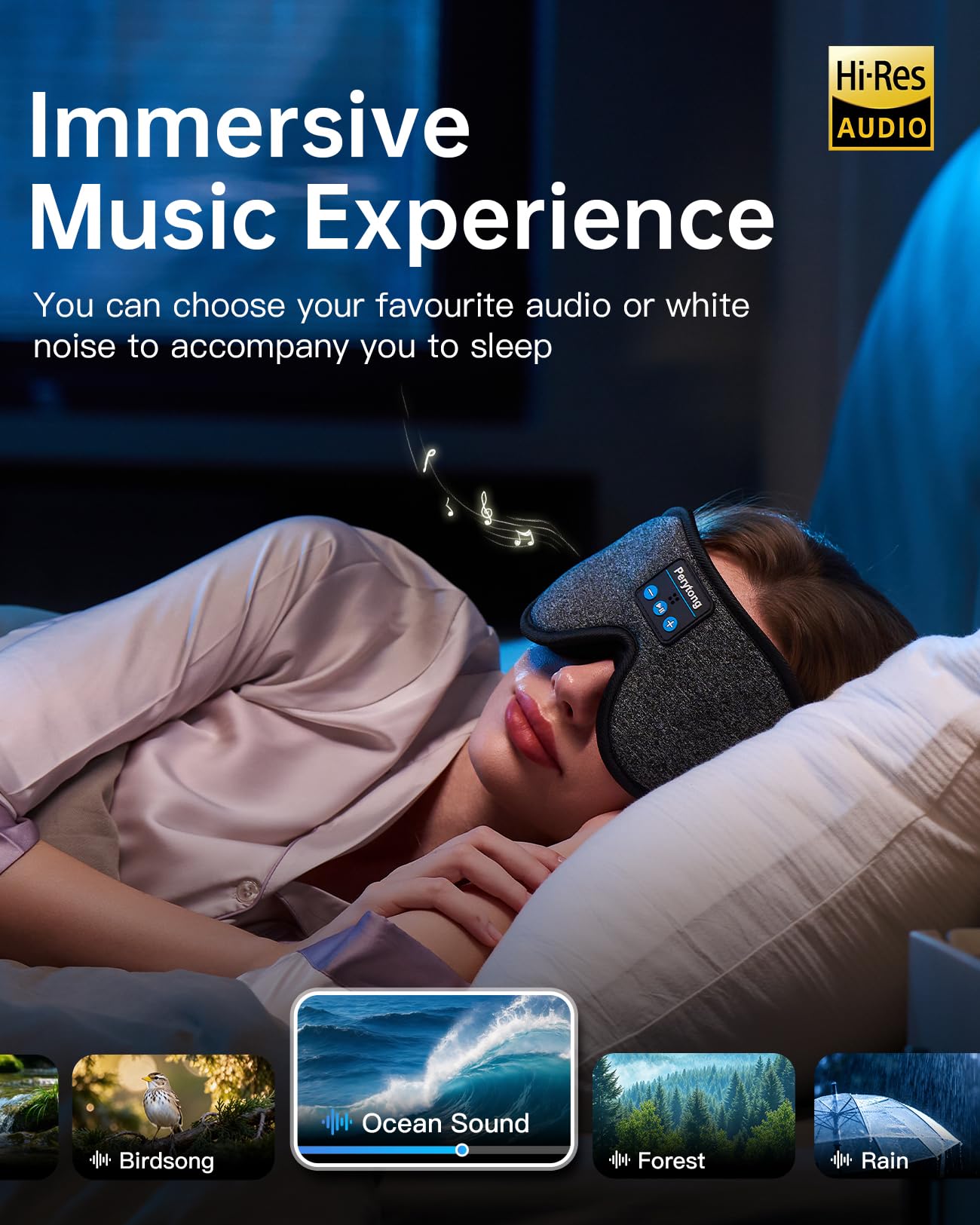 Perytong masque avec obscurité totale et design ergonomique pour relaxation.