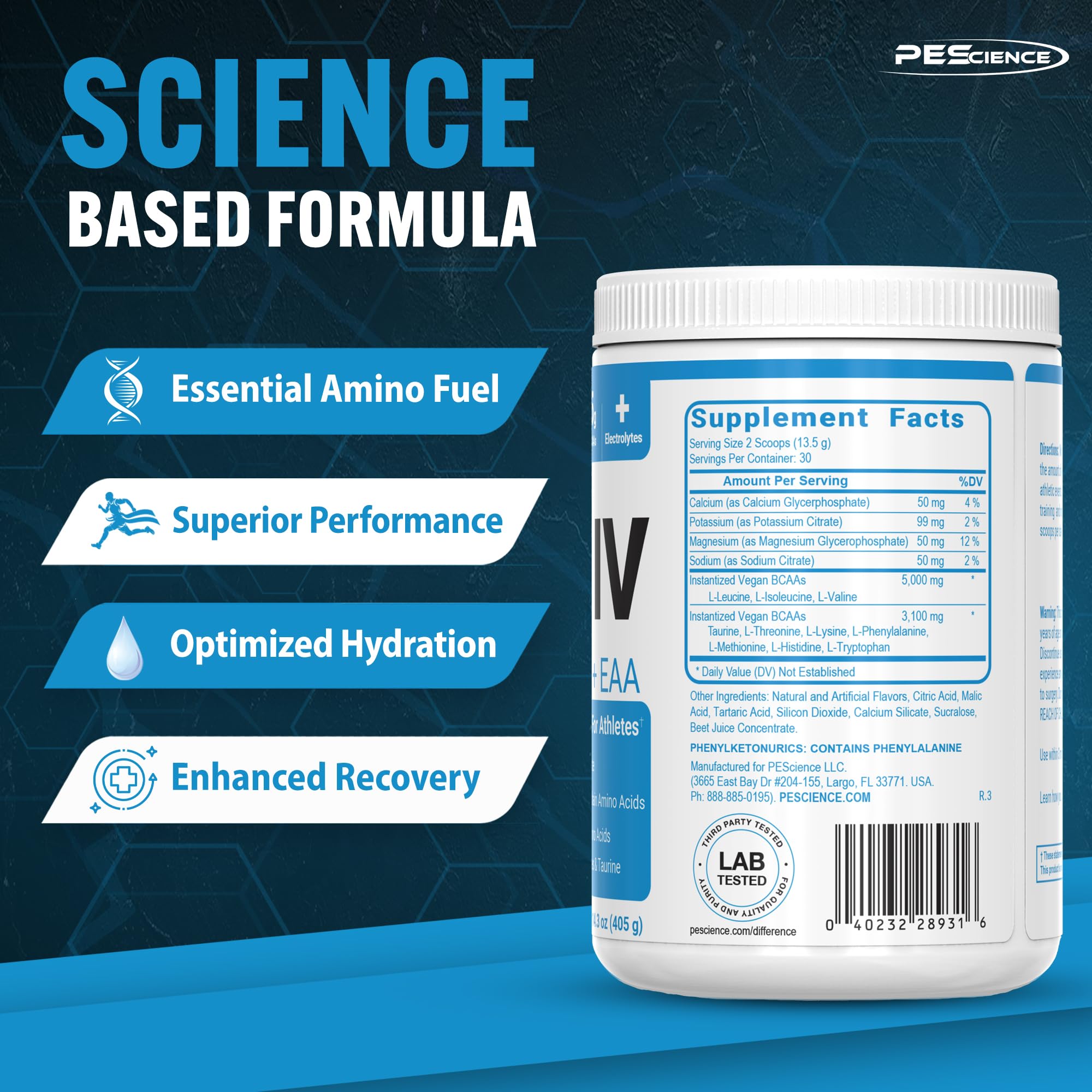 PEScience Amino IV bouteille portable pour entrainement en déplacement et hydratation.