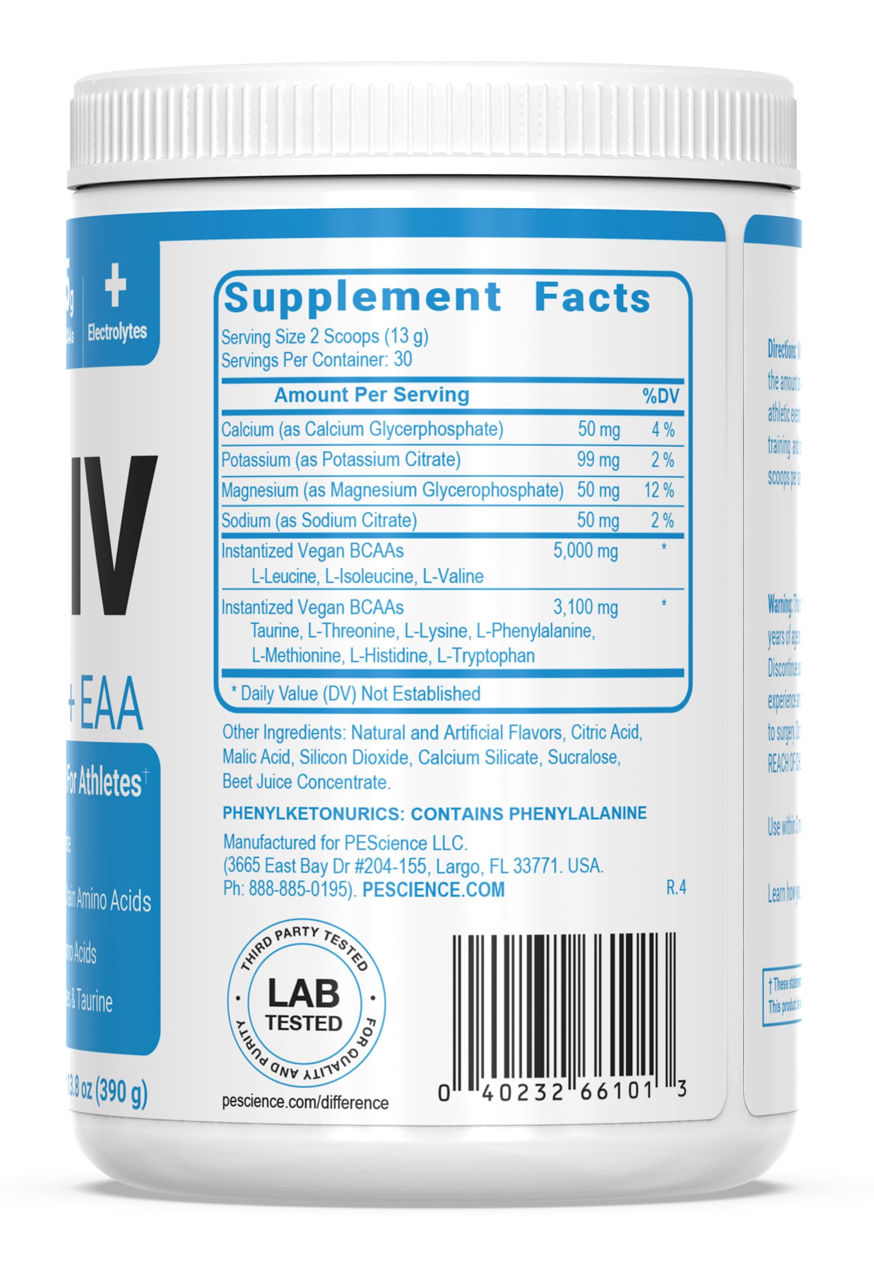 PEScience Amino IV composition BCAA et EAA avec électrolytes pour réhydratation.