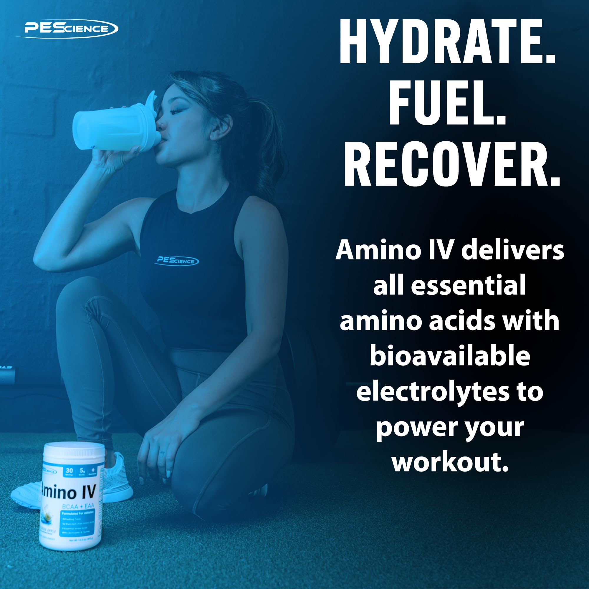 PEScience Amino IV dose-mesure pratique pour intra-entraînement et hydratation.