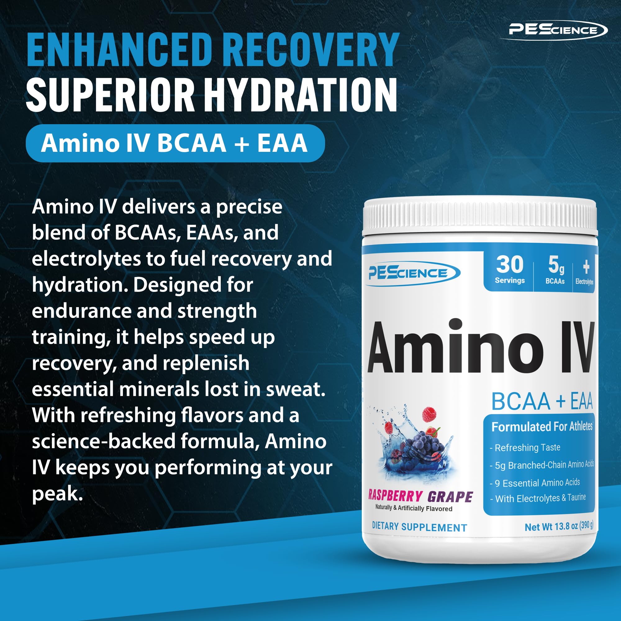 PEScience Amino IV verre d'eau, hydratation rapide et efficace.