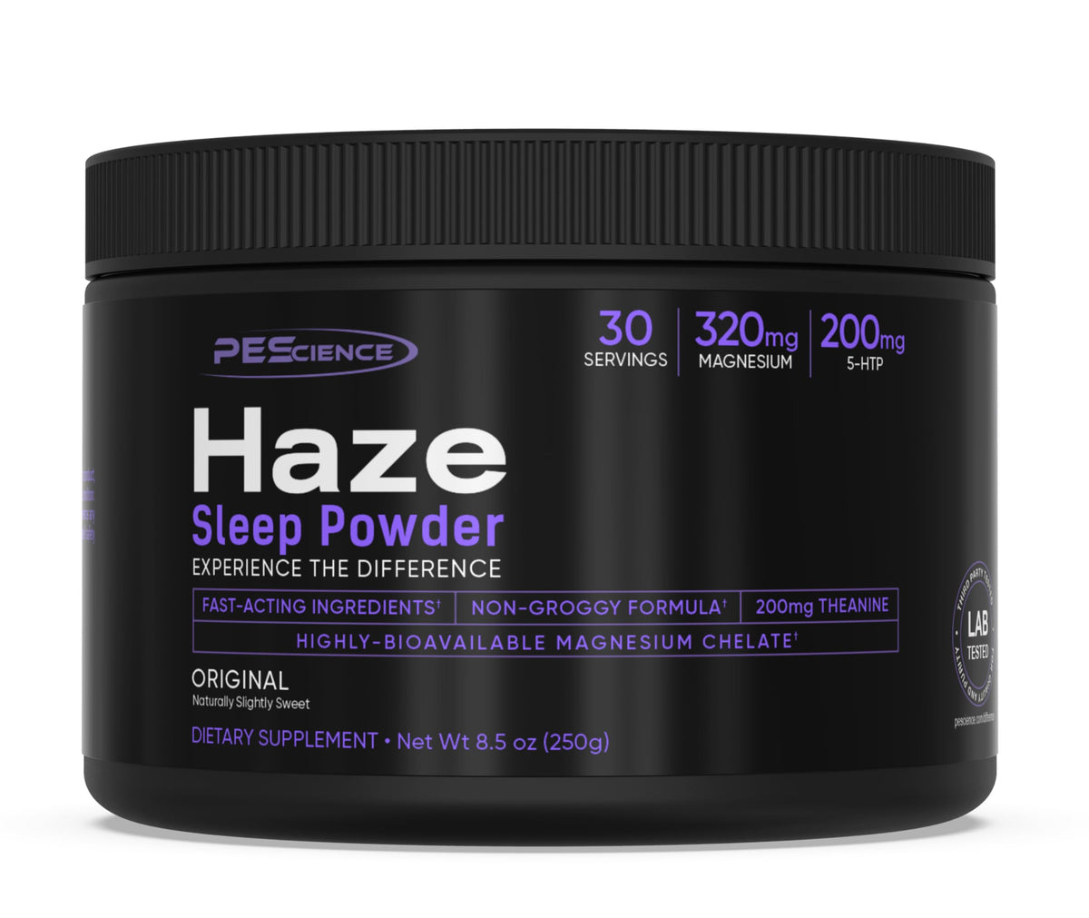 PEScience Haze poudre sommeil en bouteille soutien potentiel au repos nocturne et réveil clair.
