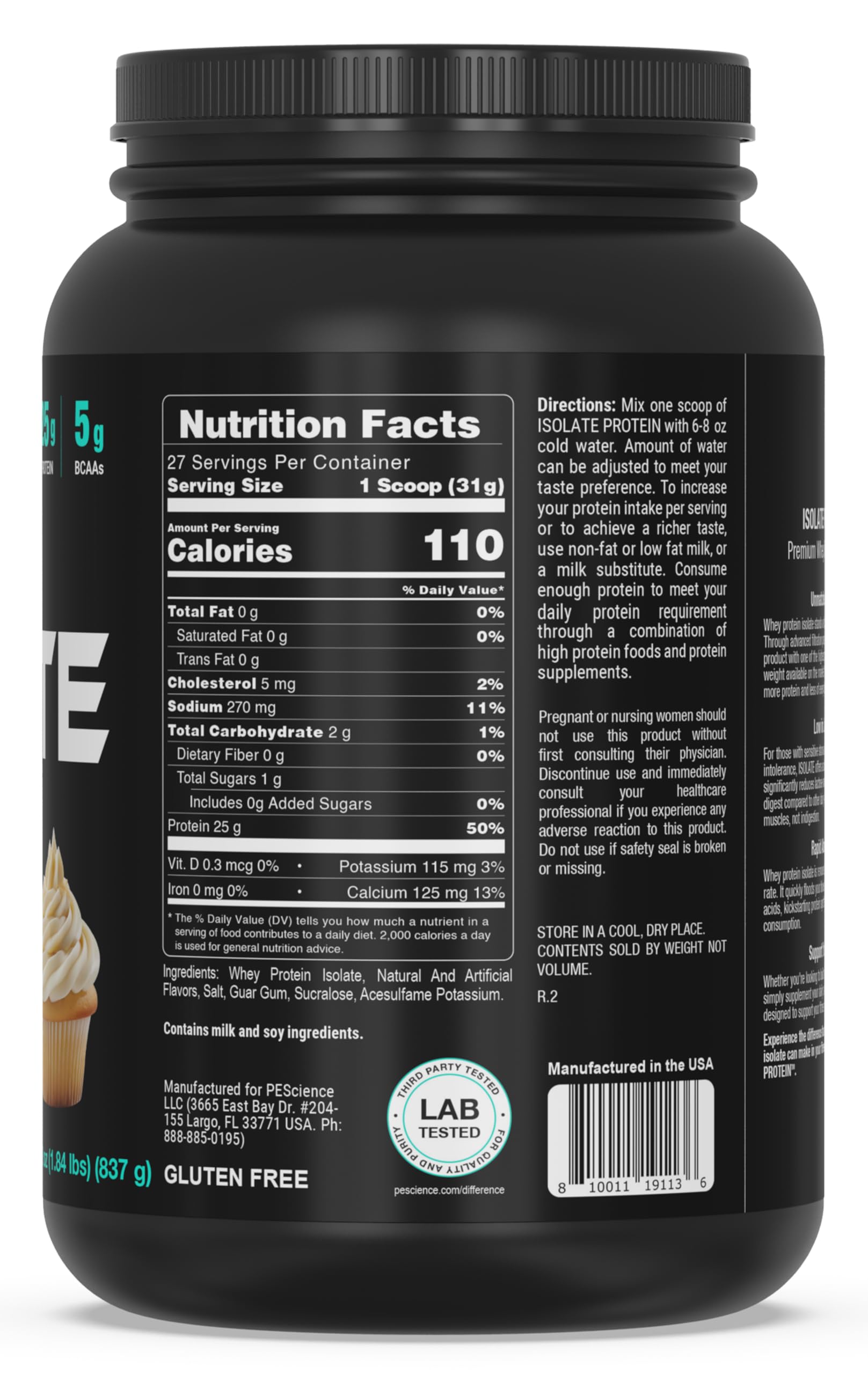 PEScience Isolate Vanille Cupcake – étiquette indiquant 25 g de protéines par portion.