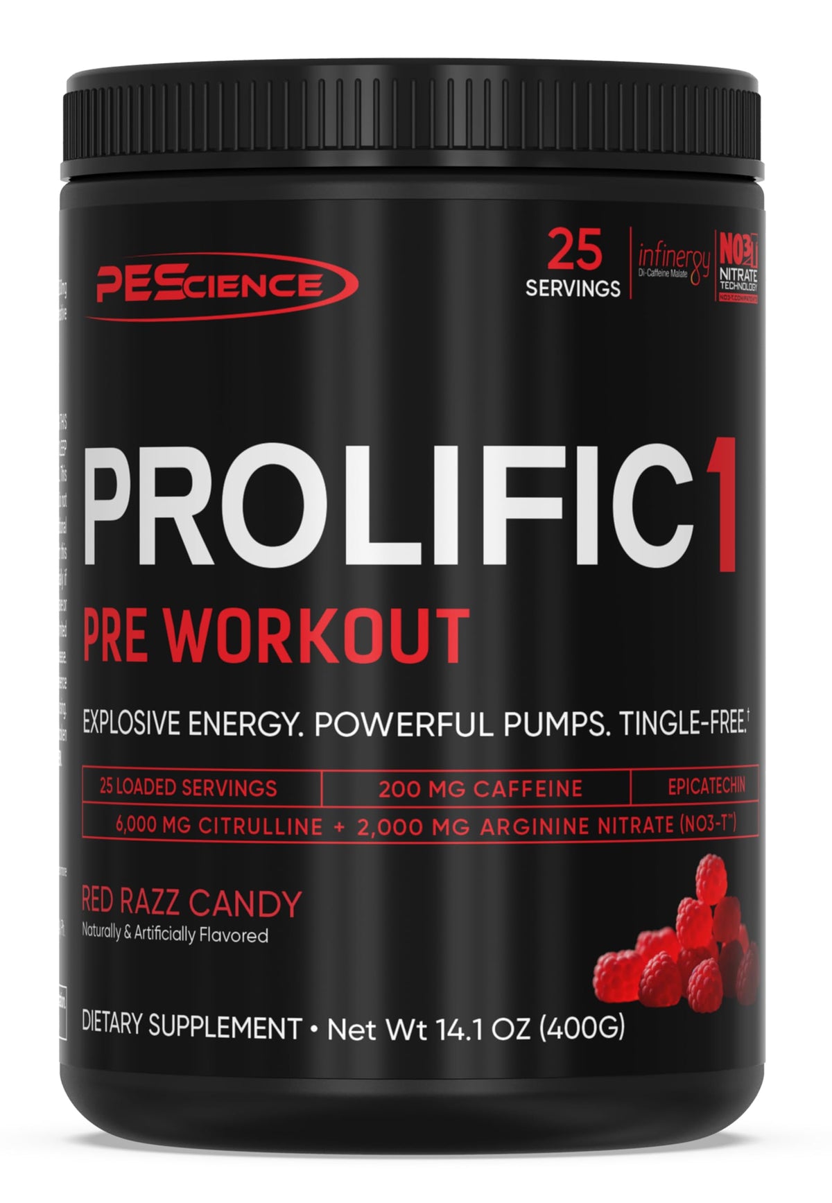 PEScience Prolific-1, bouteille pré-entraînement rouge, énergie durable pour vos séances intenses.