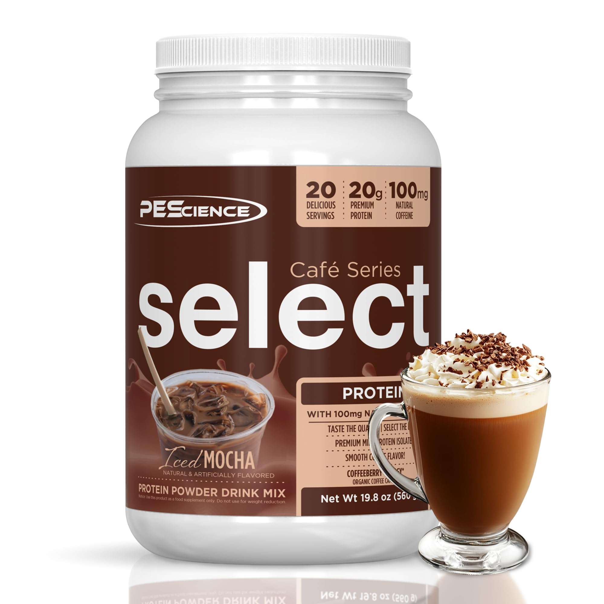 PEScience Select Cafe packshot montrant l'emballage et la poudre protéinée.