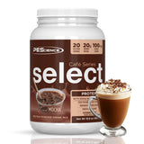 PEScience Select Cafe packshot montrant l'emballage et la poudre protéinée.