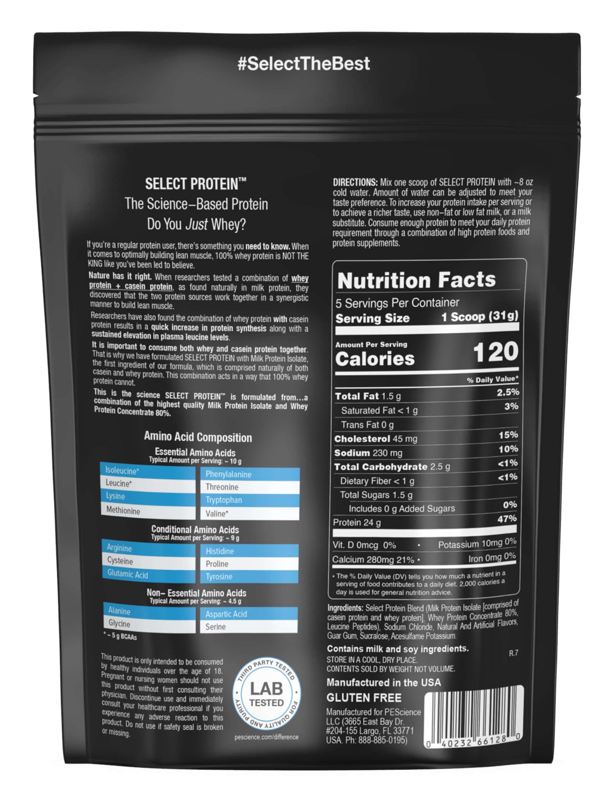 PEScience Select Protein faible en calories et glucides, soutien éventuel.