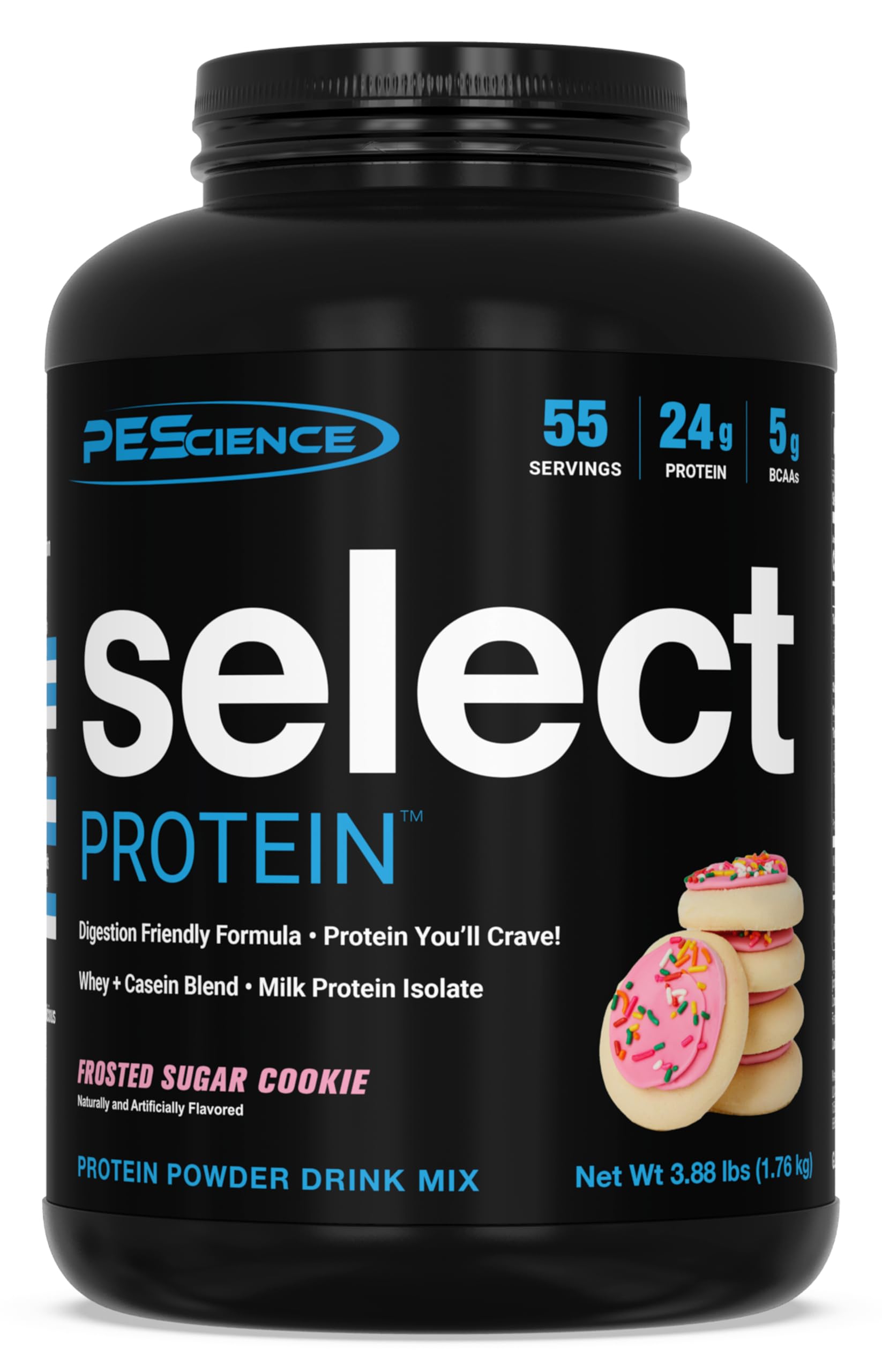 PEScience Select Protein bouteille Frosted Sugar Cookie, goût délicieux et faible en sucre.