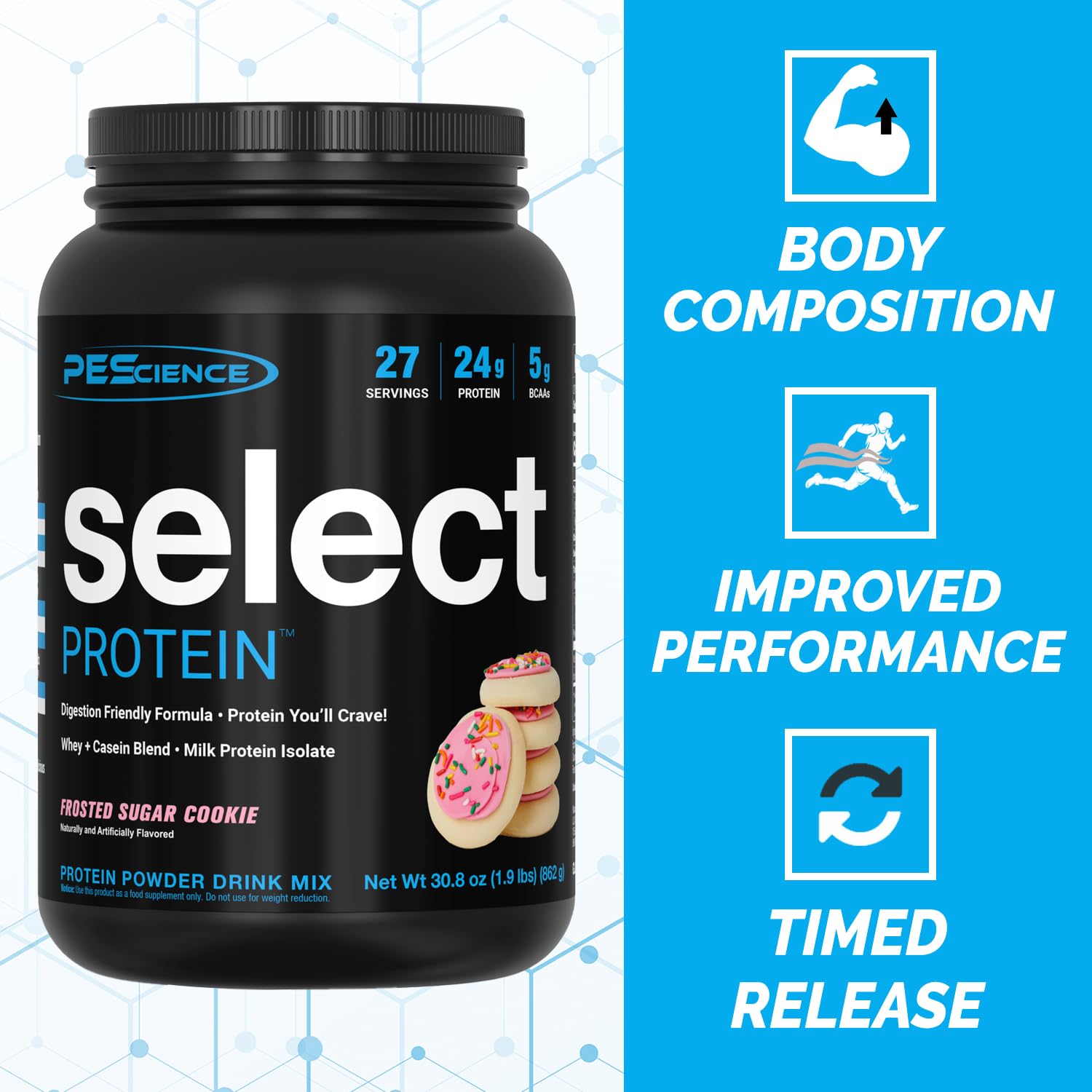 PEScience Select Protein: valeurs nutritionnelles affichant 24 g de protéines par portion.