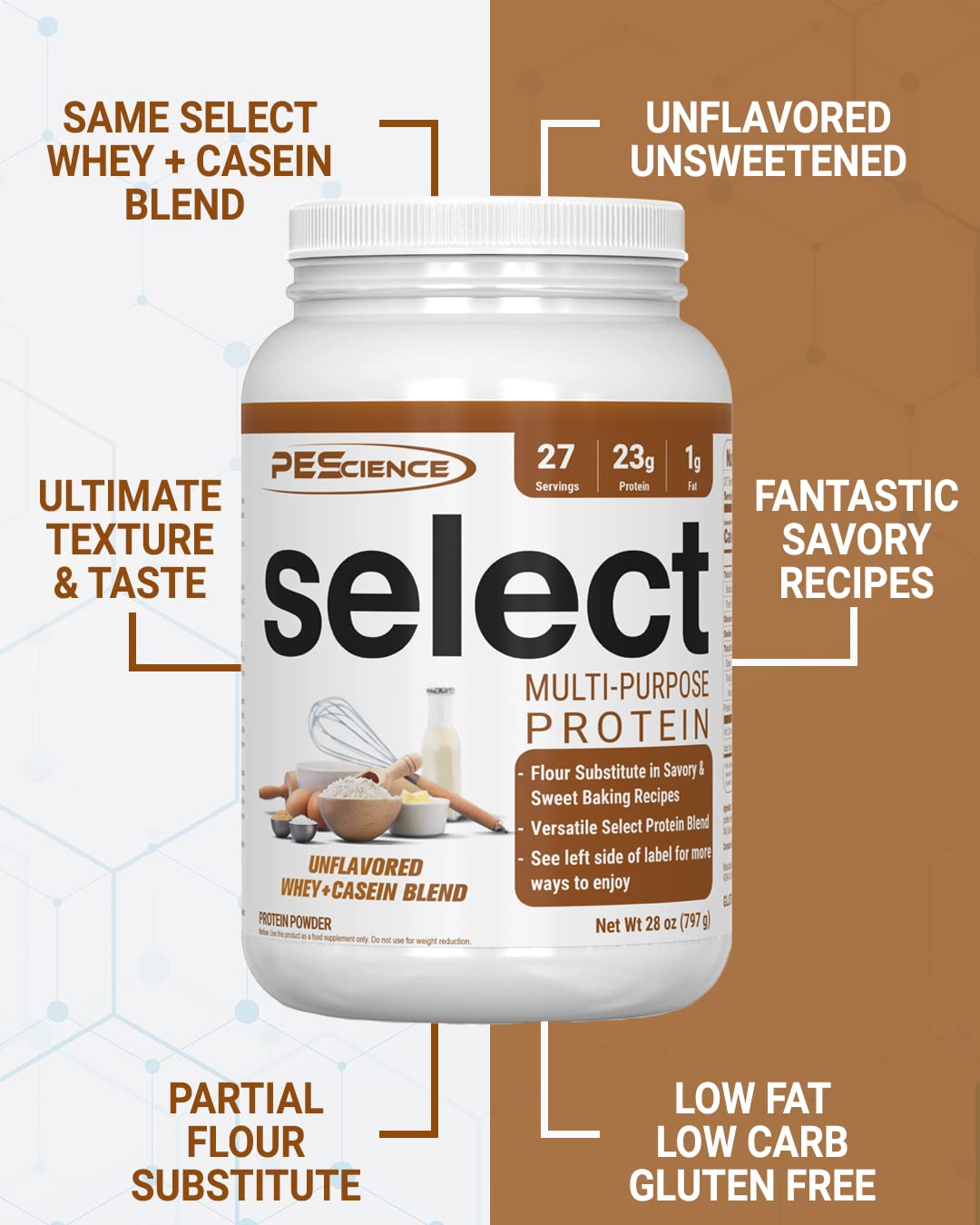 PEScience Select dans un verre: mélange lisse et neutre pour boisson protéinée.