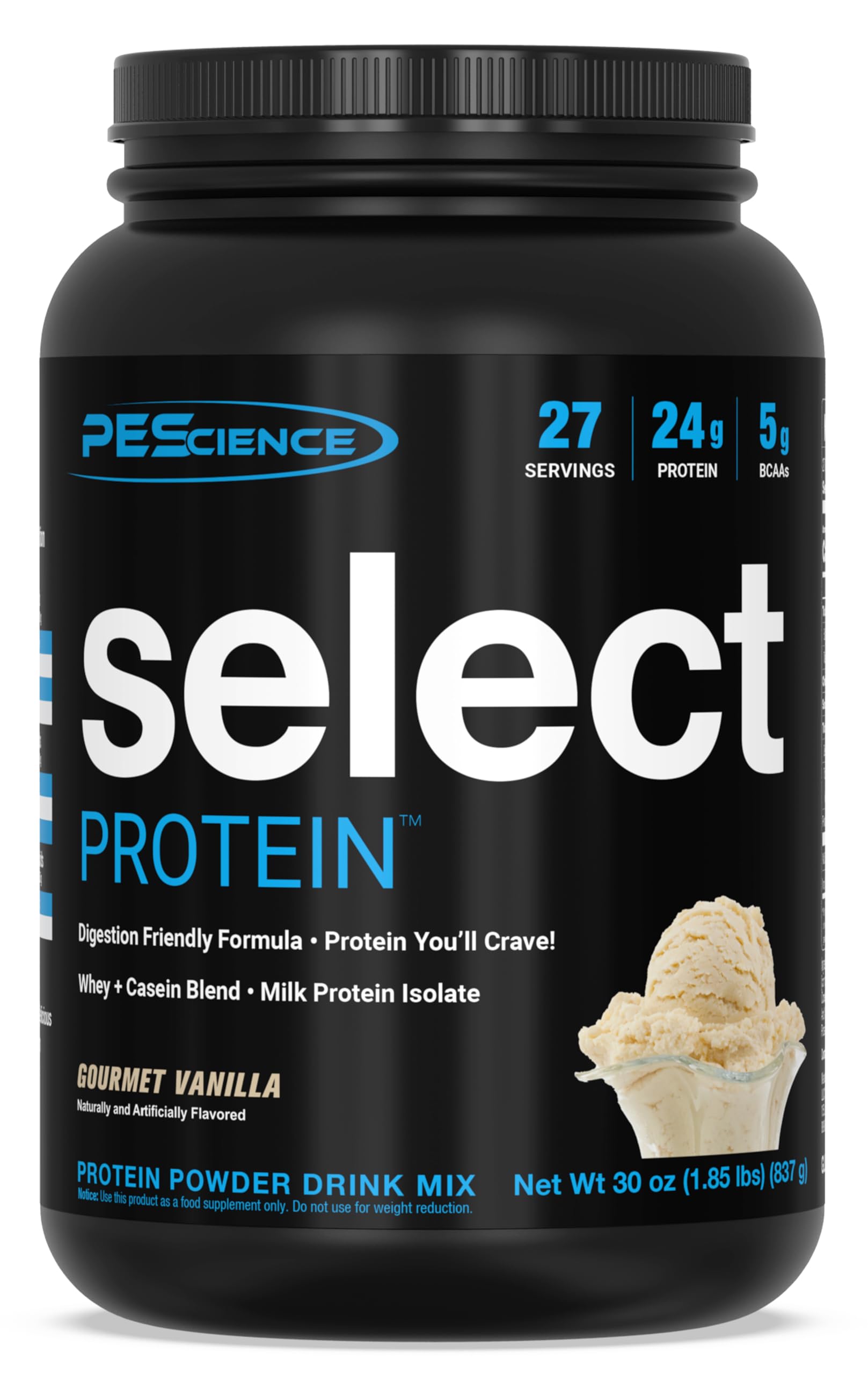 PEScience Select Protein Powder en bouteille, goût vanille gourmet, idéal pour shakes protéinés quotidiens.