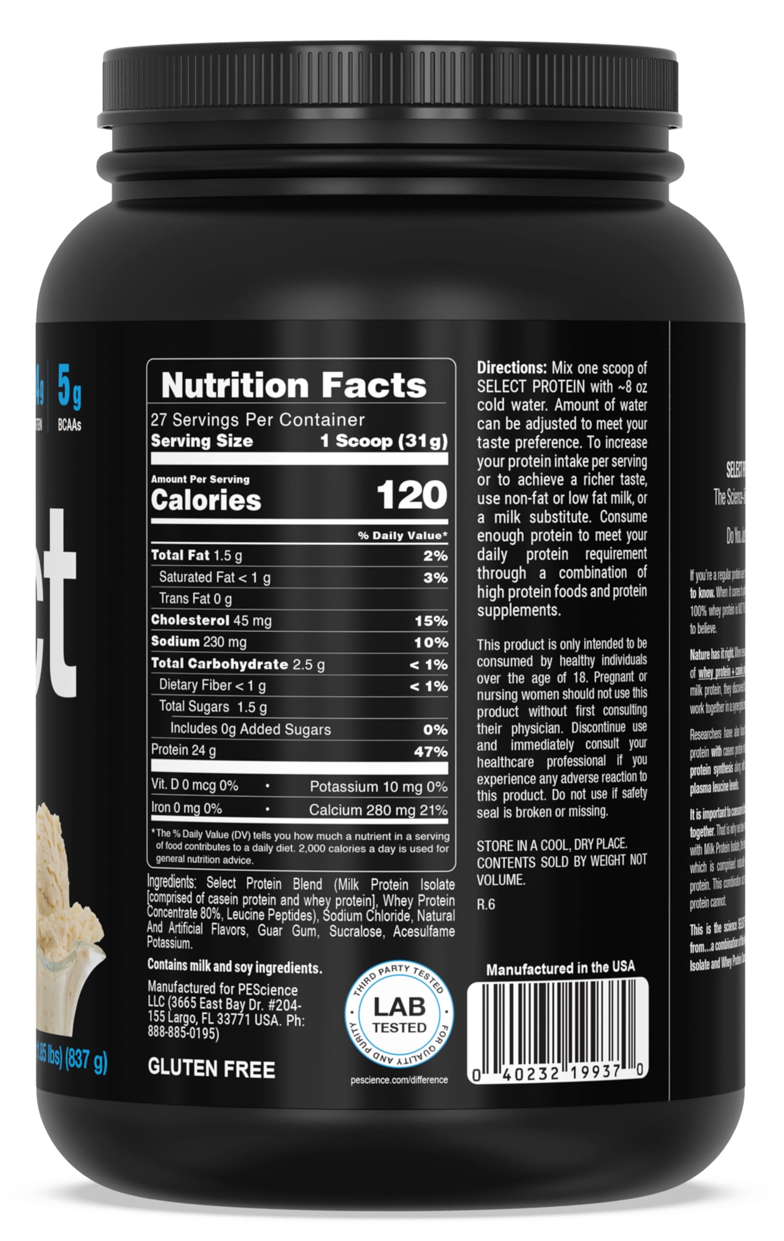 PEScience Select Protein Powder, étiquette claire et ingrédients transparents pour la traçabilité.