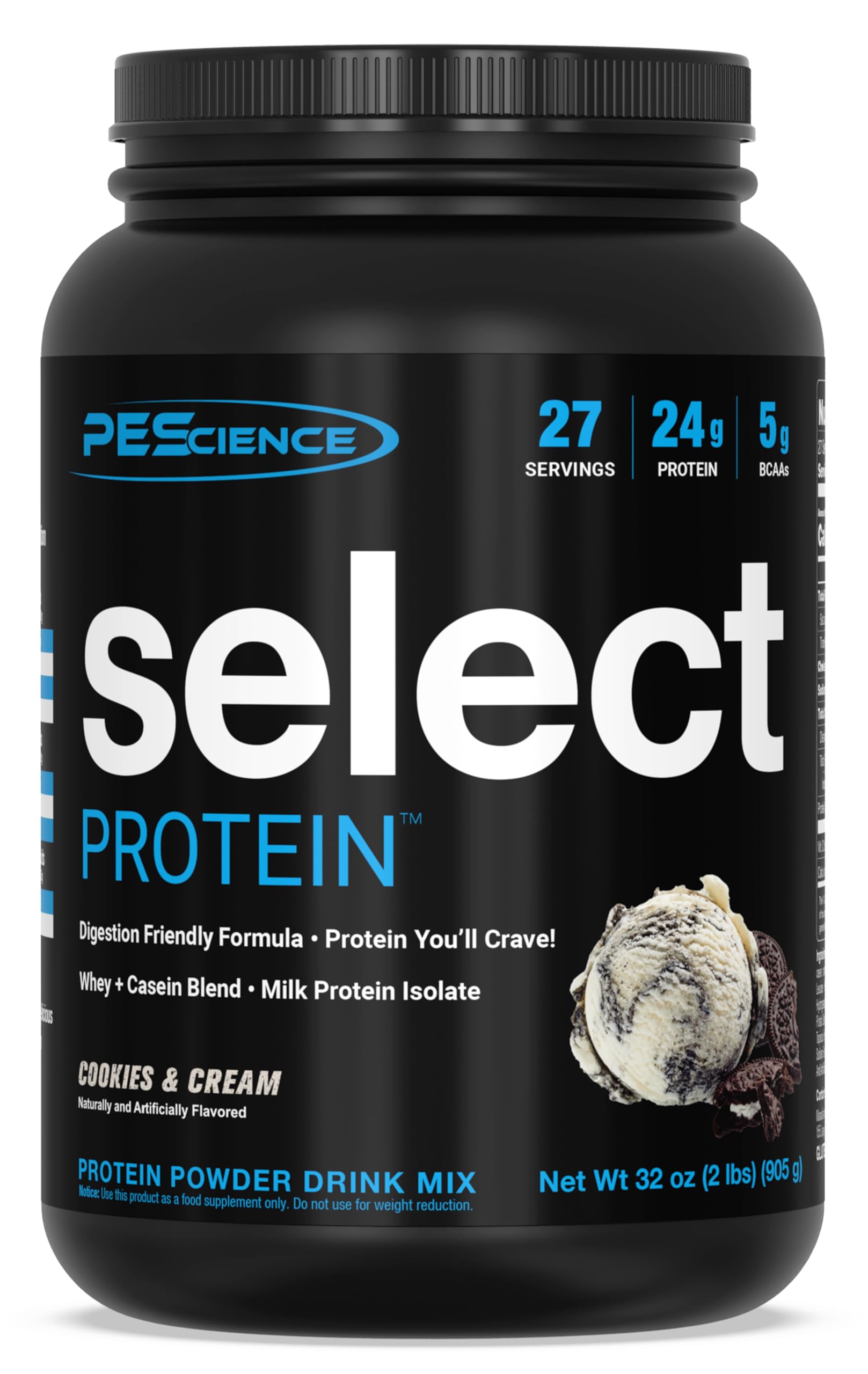 PEScience Select Protéine en poudre avec verseur, mélange facile et rapide.