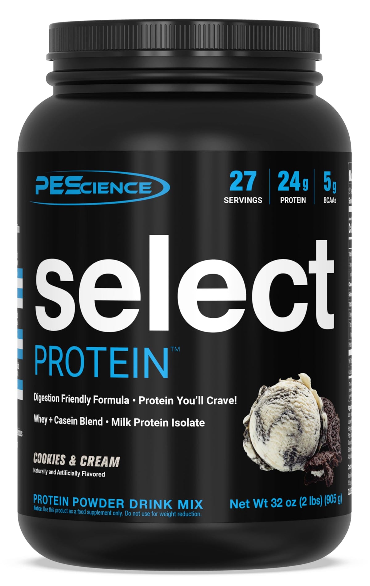 PEScience Select Protéine en poudre avec verseur, mélange facile et rapide.