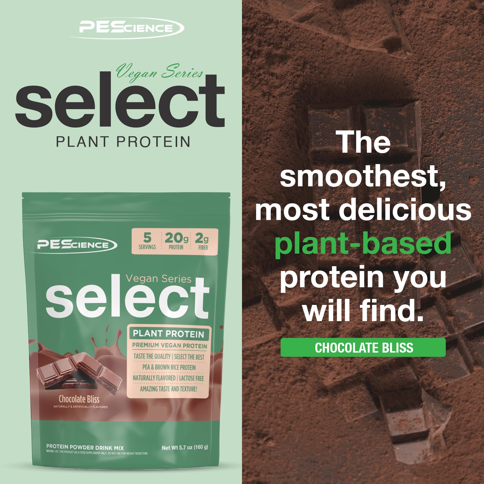 PEScience Select Vegan Protein Chocolate Bliss, association pois et riz brun pour un profil protéique équilibré.