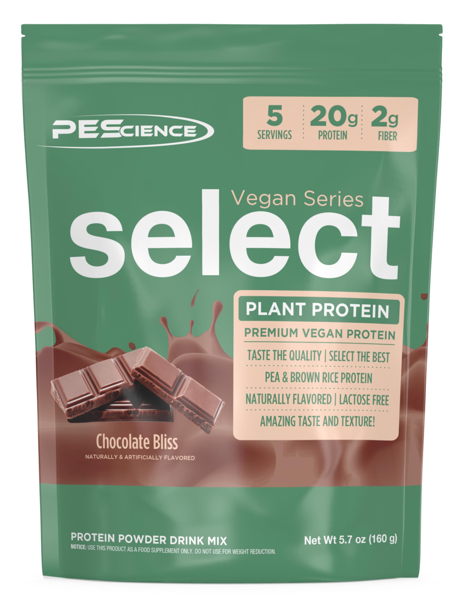 PEScience Select Vegan Protein Chocolate Bliss, boîte 5 portions, pratique pour voyager et tester le goût.