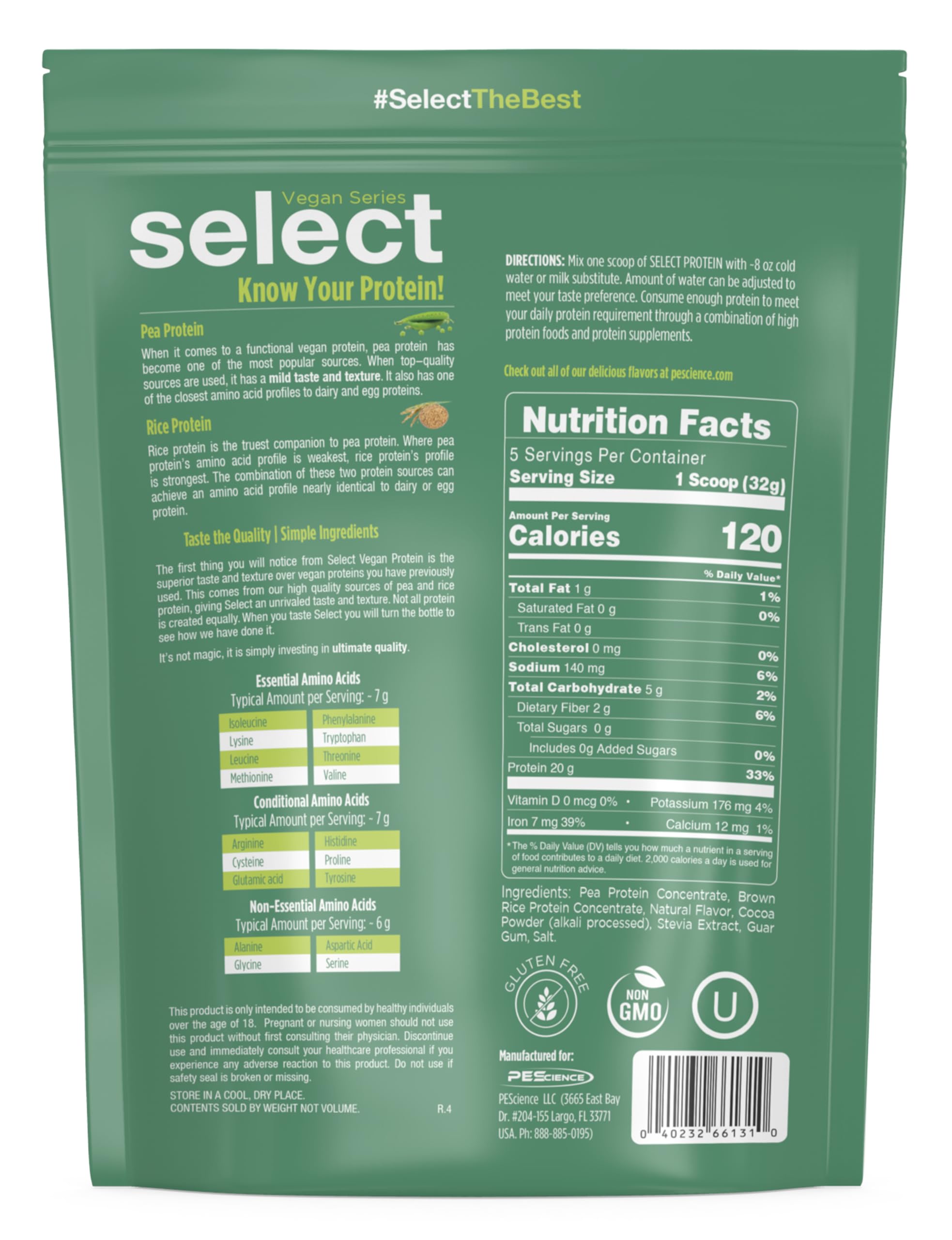 PEScience Select Vegan Protein Chocolate Bliss, mélange rapide avec eau ou lait végétal.