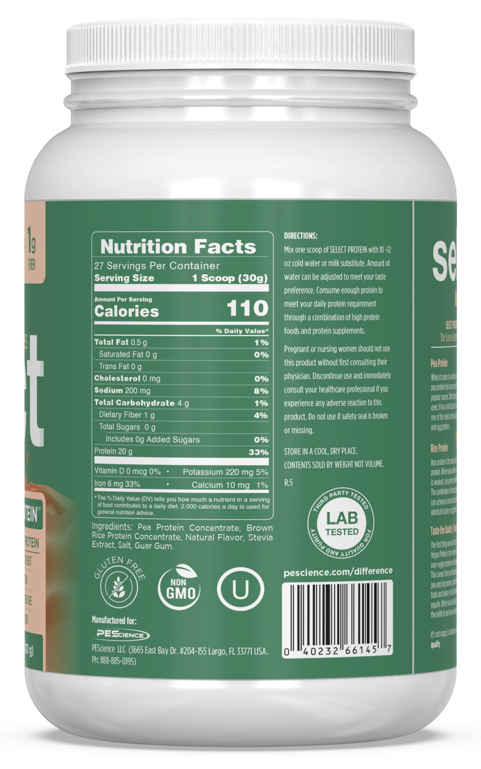 Étiquette sans lactose et sans gluten sur le produit PEScience.