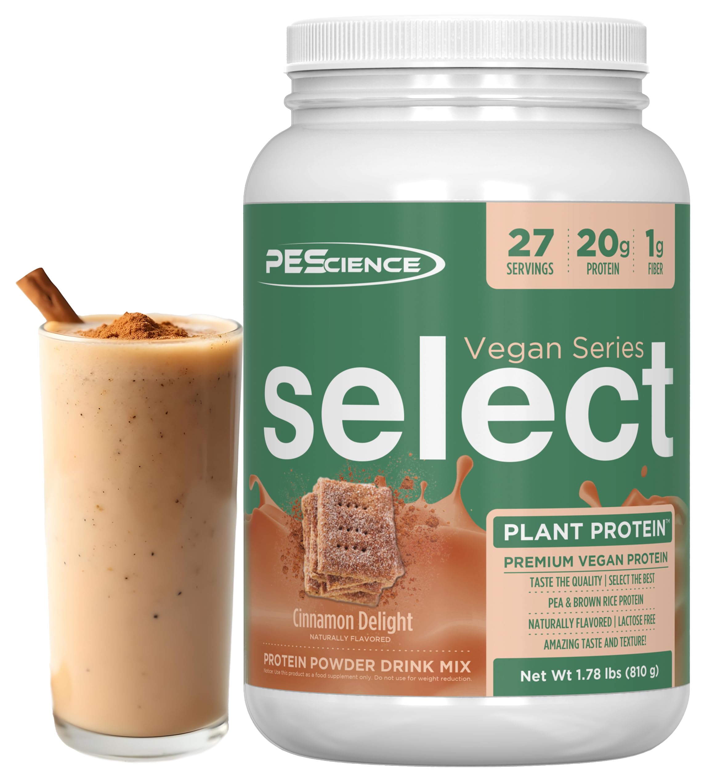 PEScience Select Vegan Protein Powder cannelle-delice dans la bouteille, saveur riche.