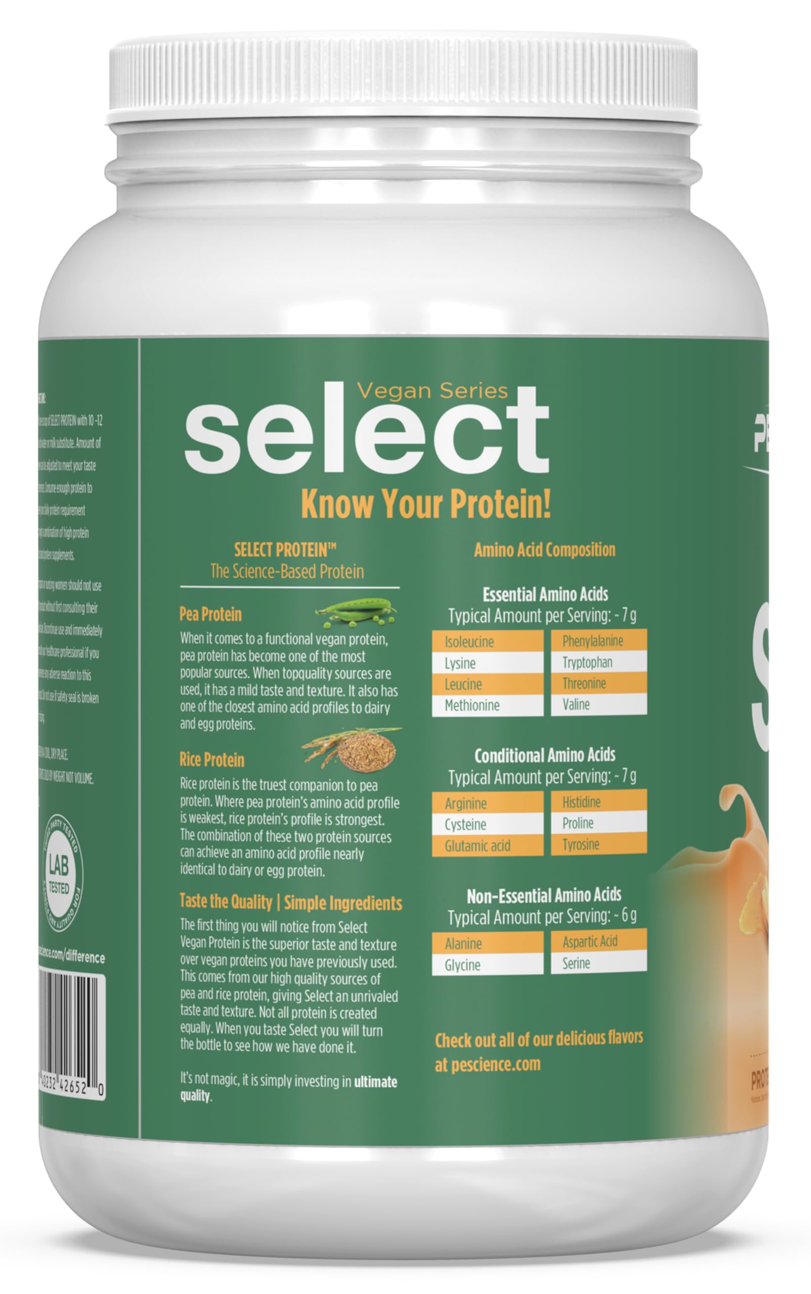 Logo et sceau tiers de PEScience Select Vegan garantissent qualité.