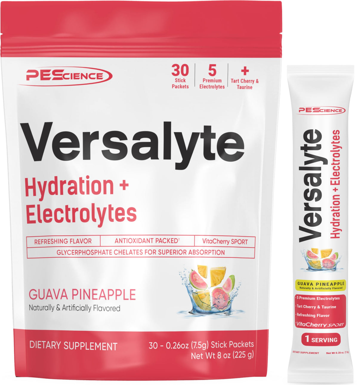 PEScience Versalyte: sachets d'hydratation goyave-ananas pour une hydratation pratique.