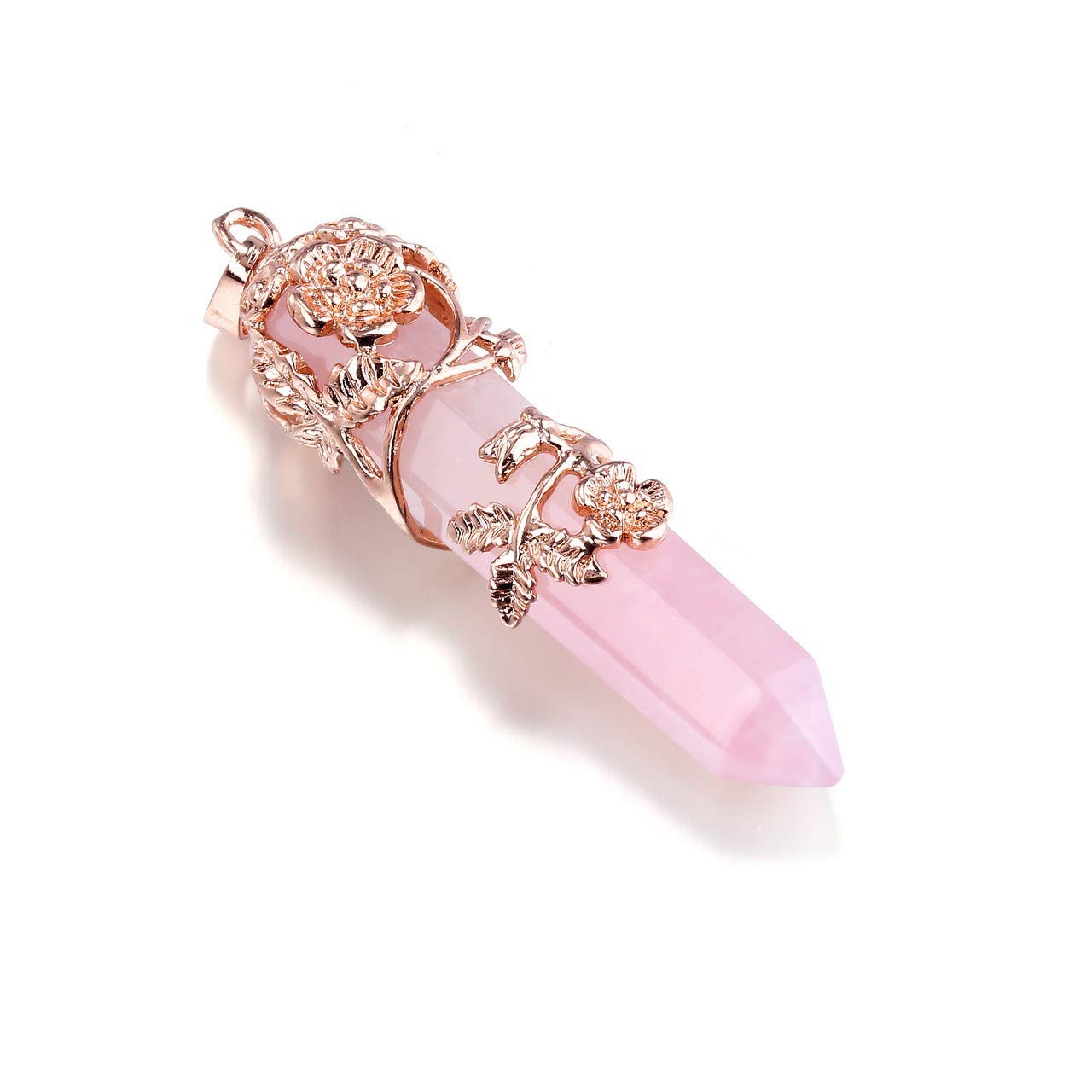PESOENTH détail capuchon fleur dorée entourant quartz rose hexagonal.