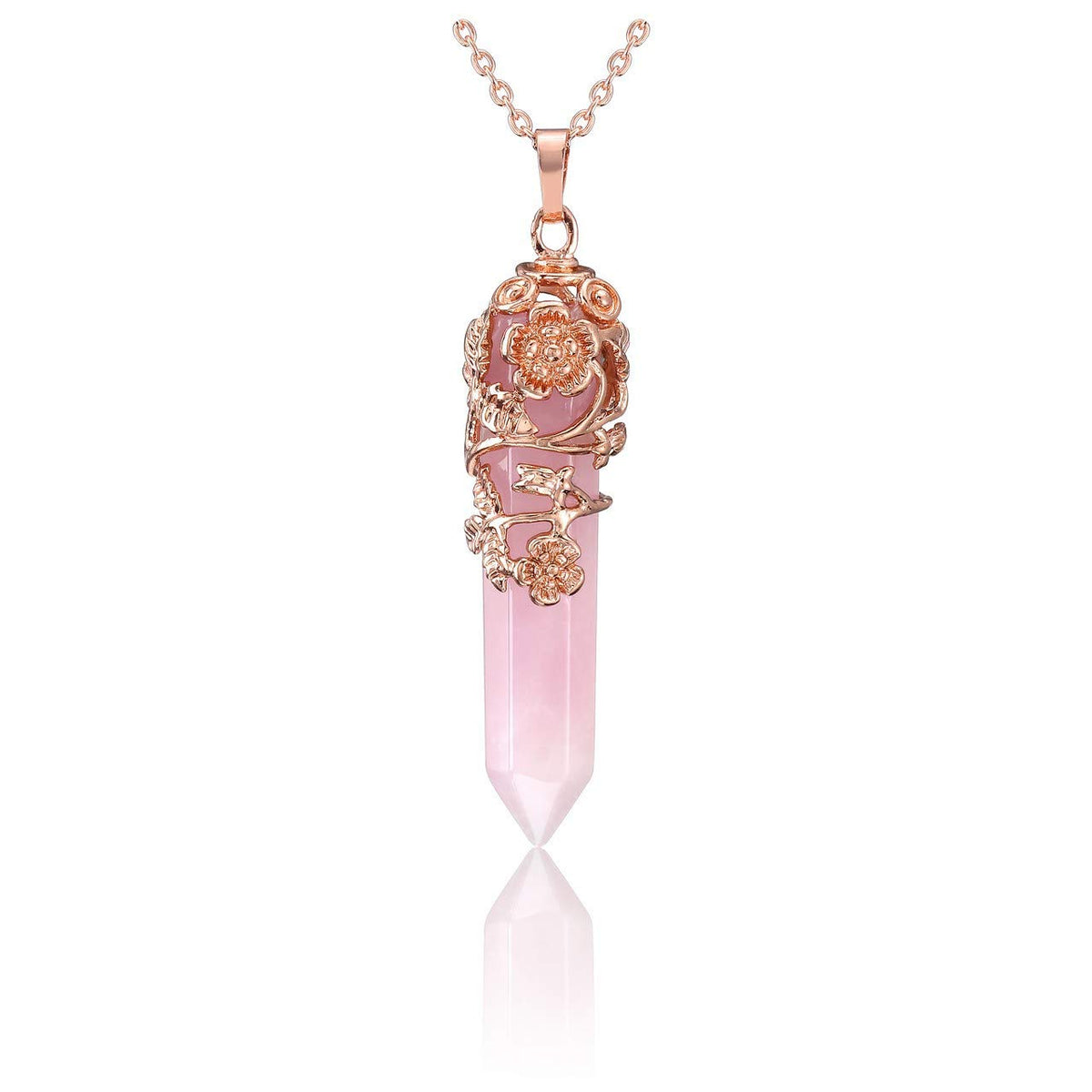 PESOENTH pendentif quartz rose enroulé fleur dorée, élégance et énergie apaisante.