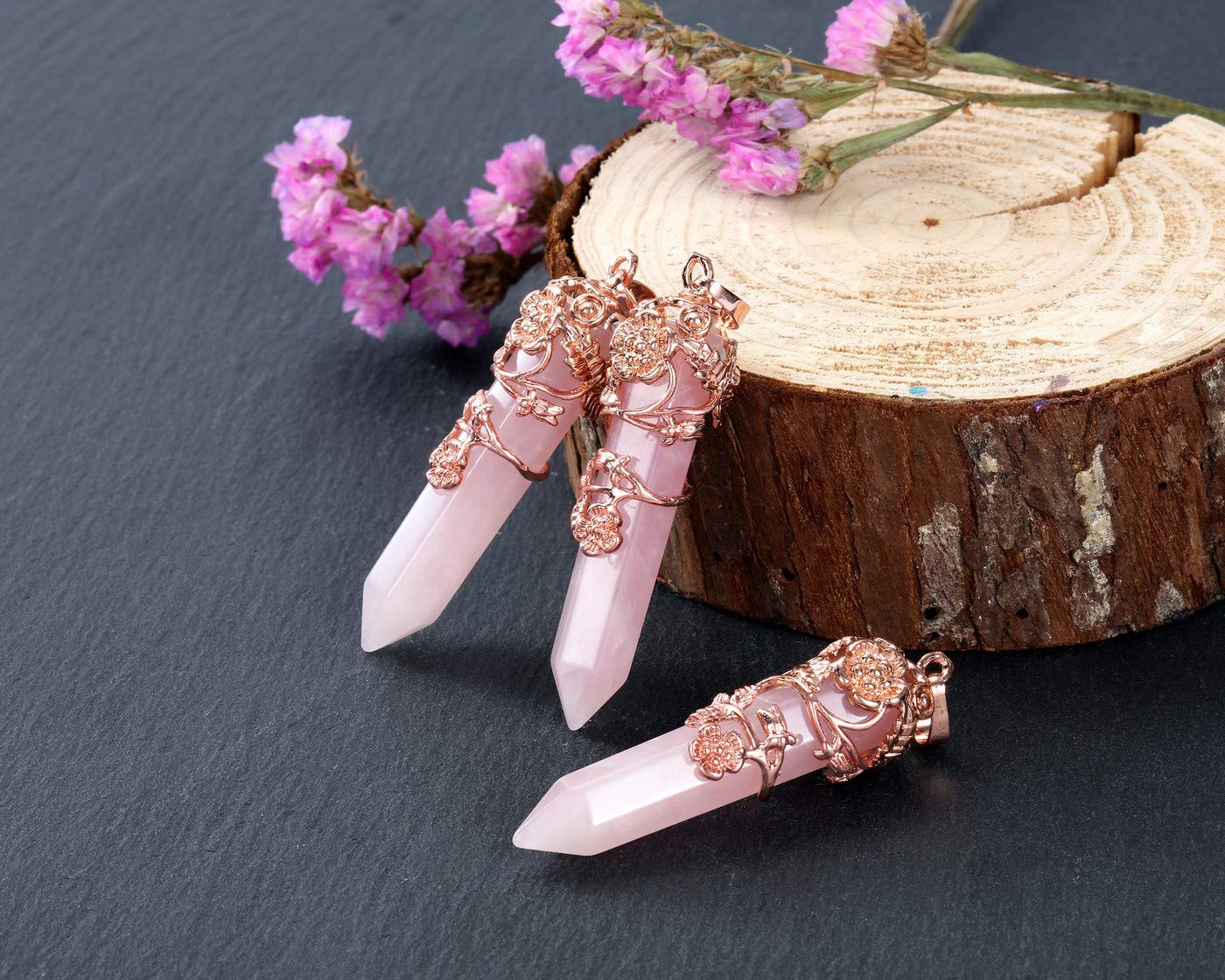 PESOENTH pointe quartz rose hexagonale brillante et énergie focalisée.