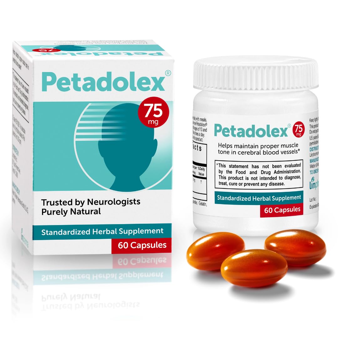 Petadolex capsules avec extrait sans PA de Petasite 75 mg pour le soutien des migraines.