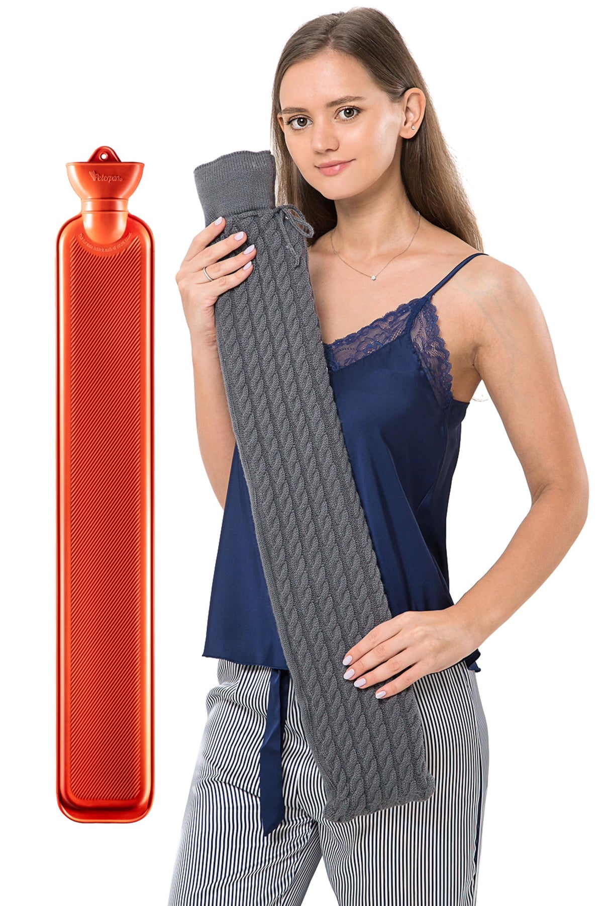 Peterpan Bouteille d'eau chaude longue avec housse maille grise offre chaleur enveloppante