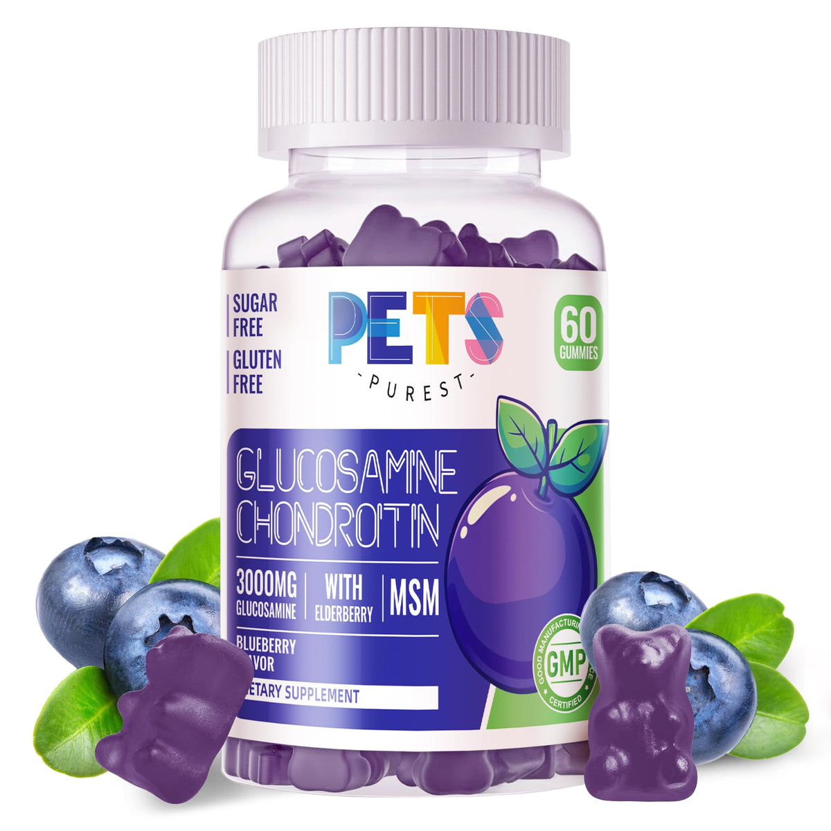 Pets Purest bonbons glucosamine-chondroïtine MSM au sureau, soutien articulaire et mobilité.