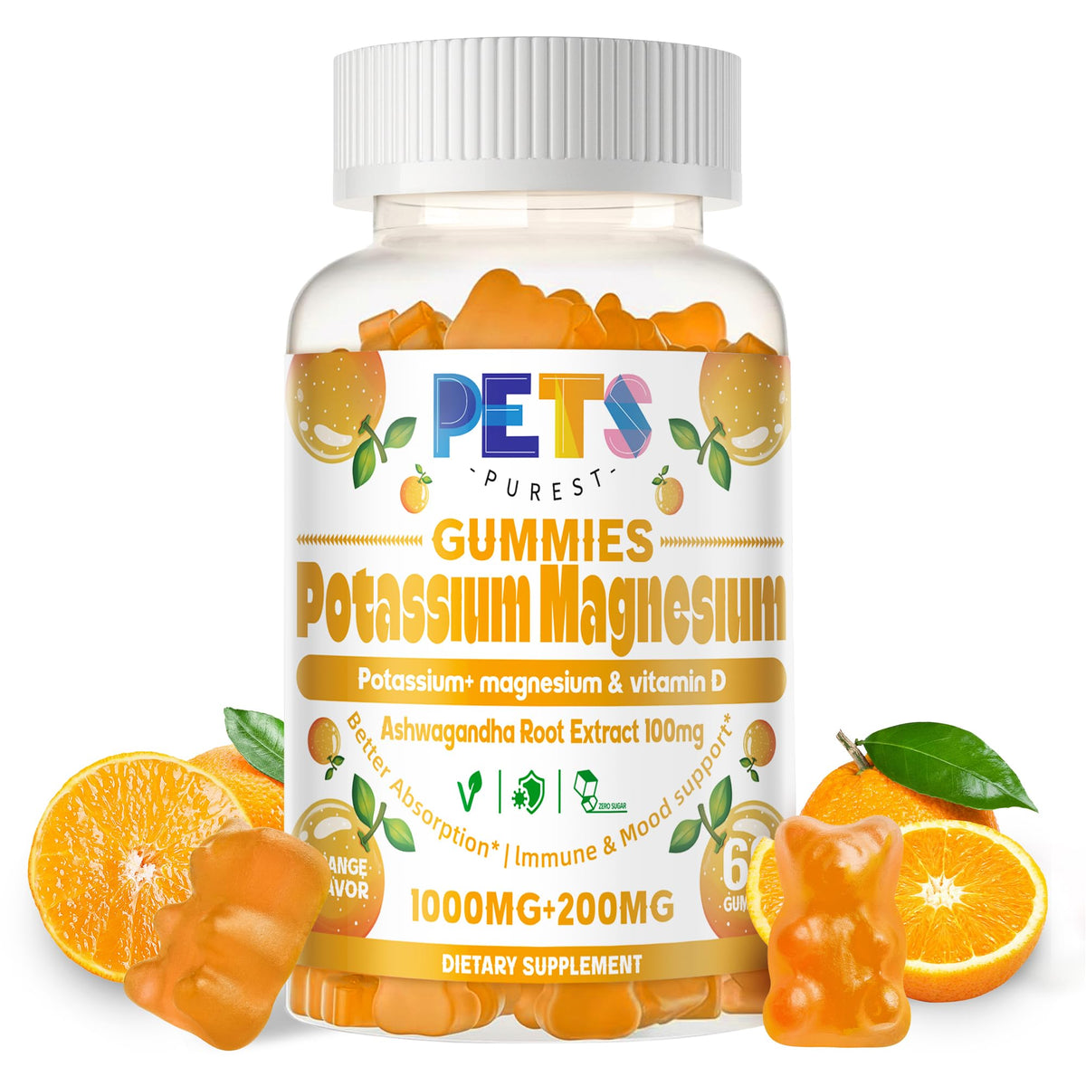 Gummies Pets Purest potassium-magnésium, flacon orange, pour une énergie potentielle durable.