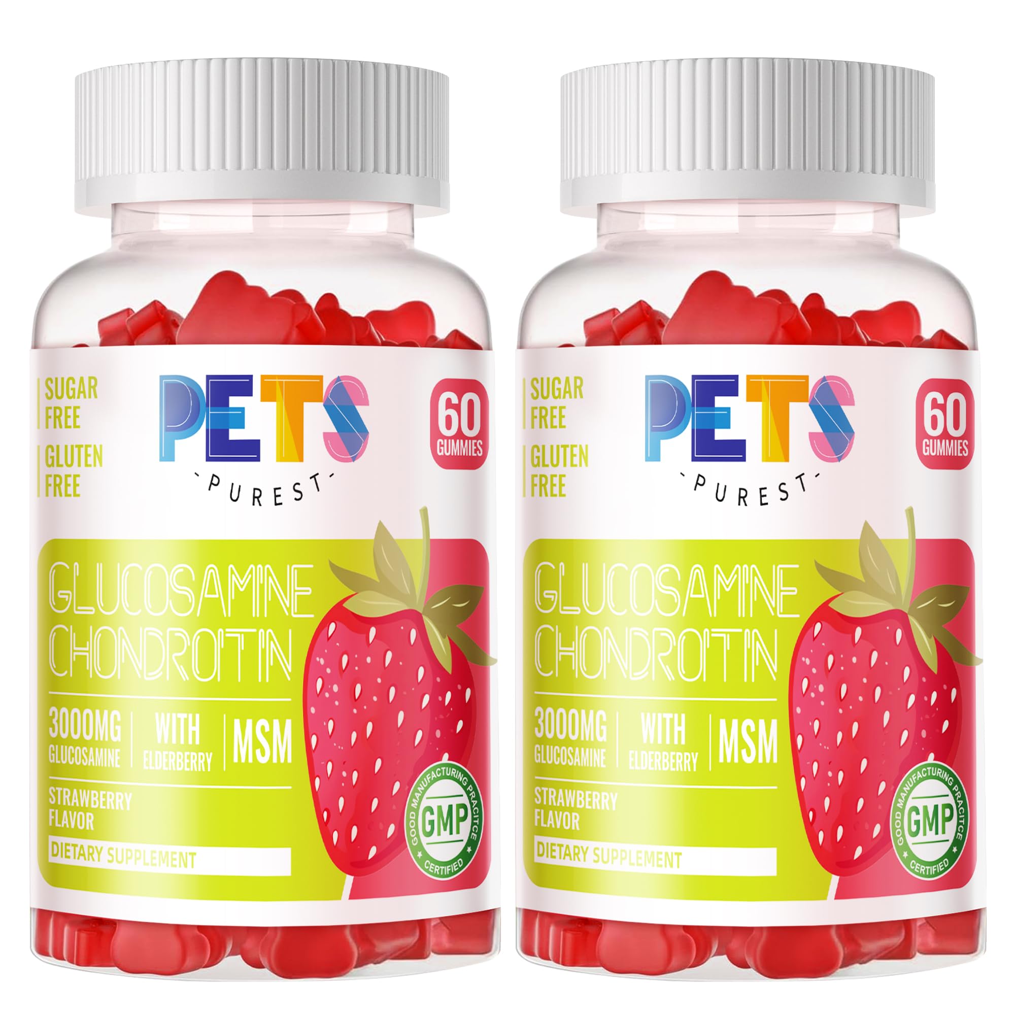 Gommes Pets Purest glucosamine-chondroitine-msm, saveur sureau-fraise pour articulations.