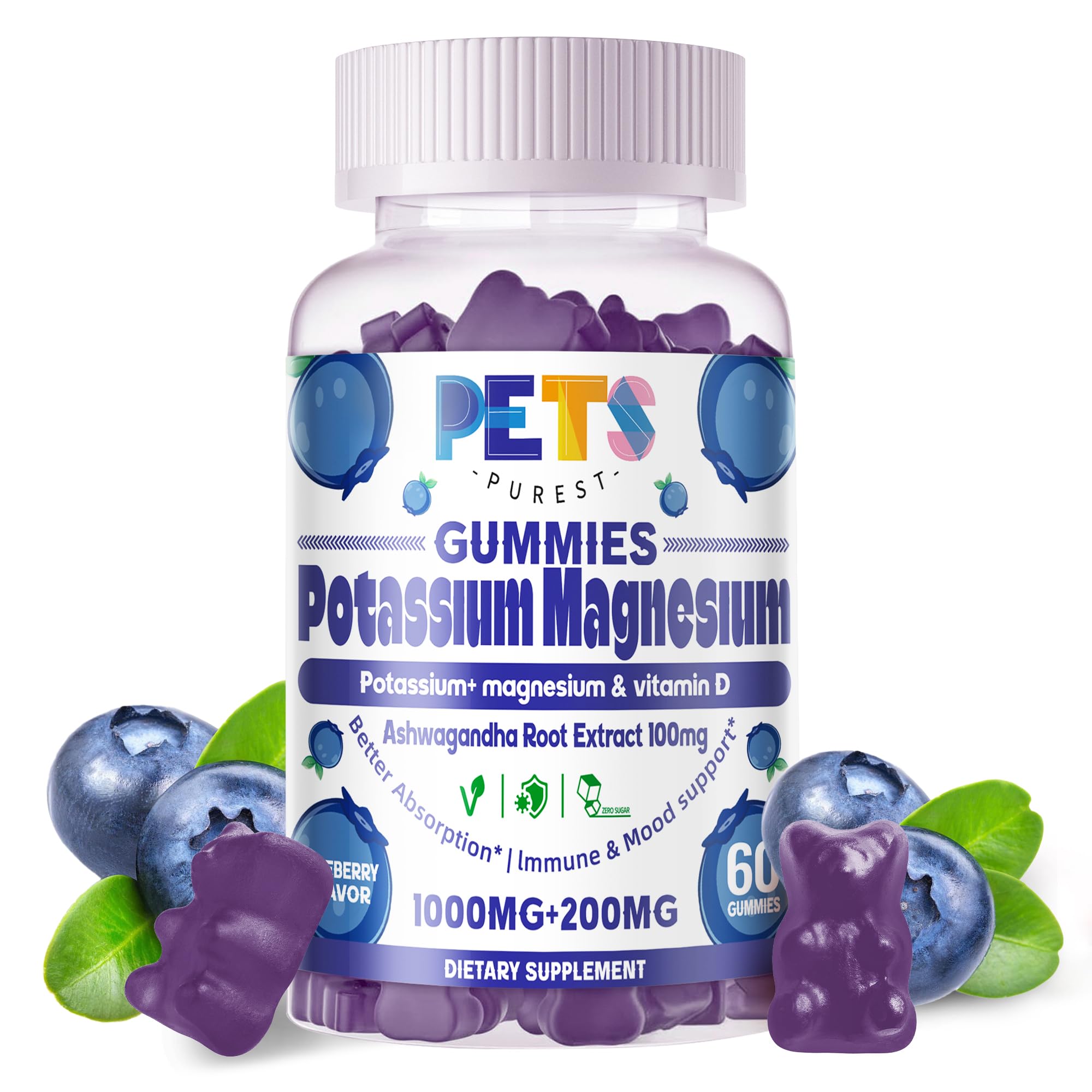 Pets Purest gommes potassium magnésium bleu myrtille, soutien potentiel à la détente musculaire.
