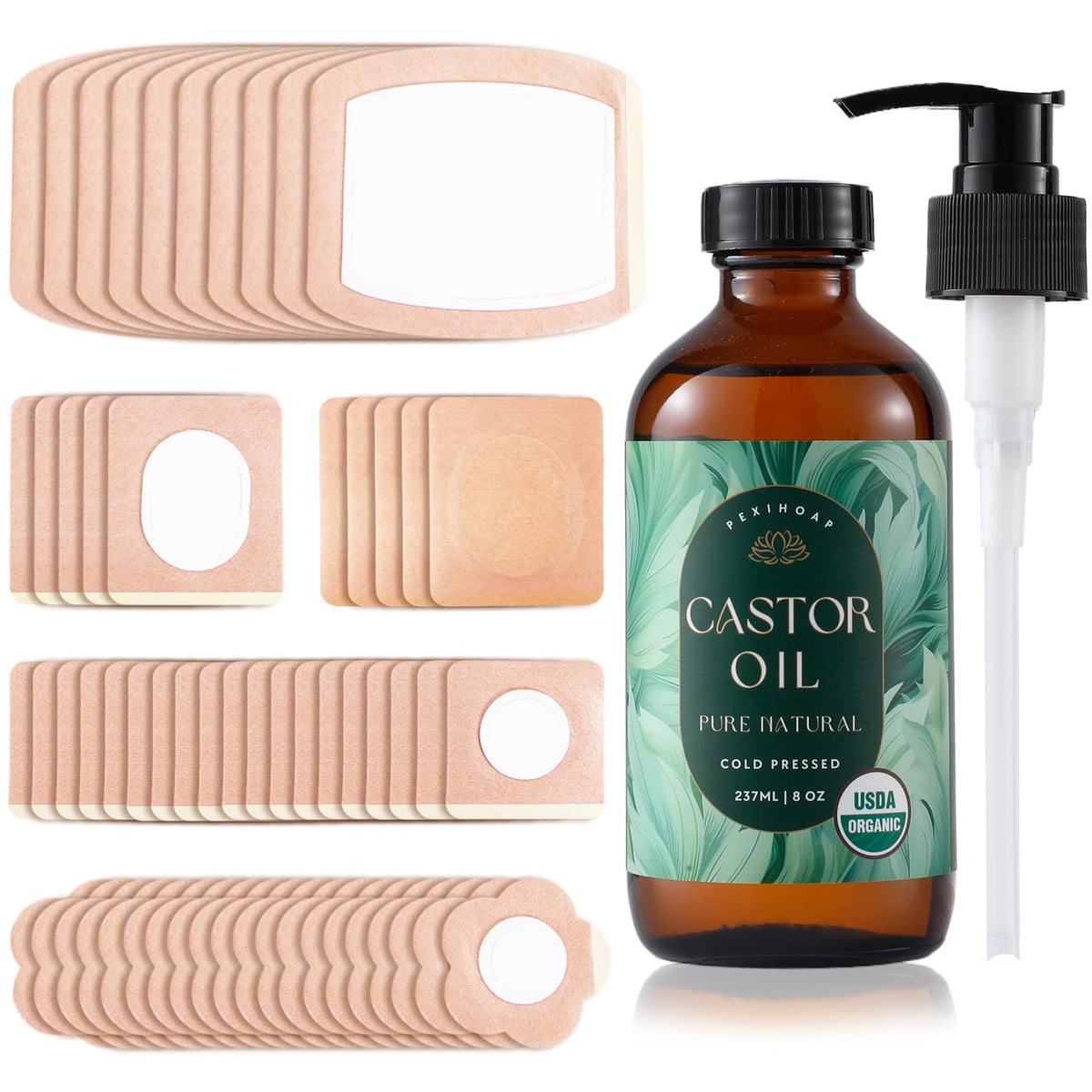 Patchs huile de ricin Pexihoap: emballage pratique pour routine soin.