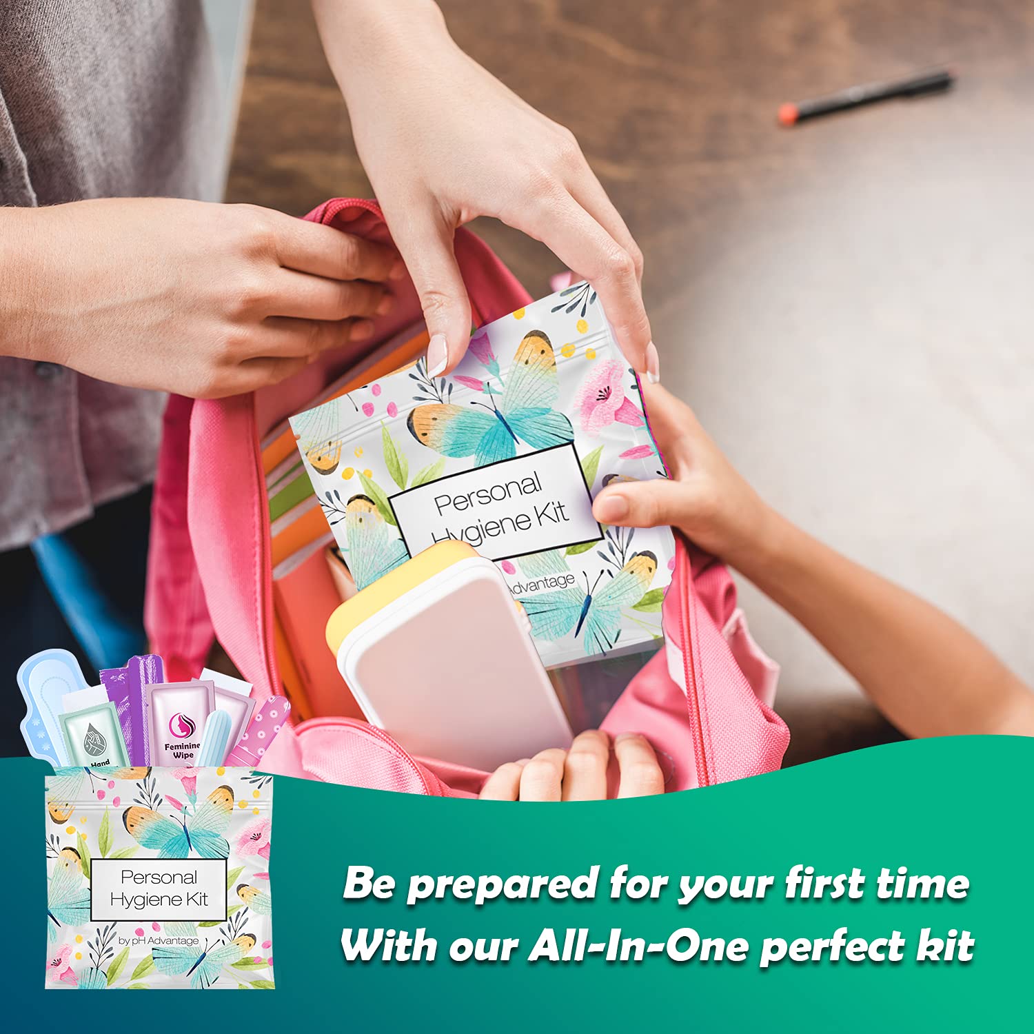 Lingettes féminines douces du kit pH Advantage pour l'hygiène en déplacement.