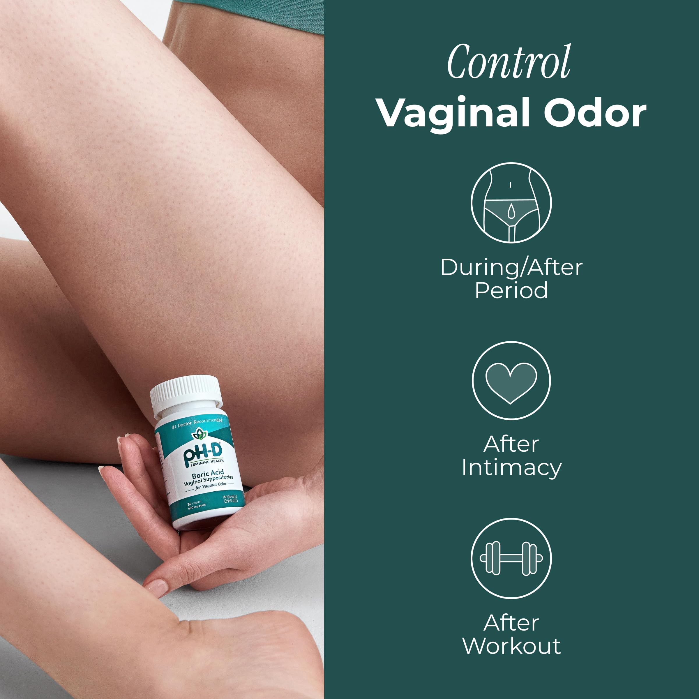 Suppositoires pH-D pour odeur vaginale, mise en avant d'un usage discret.