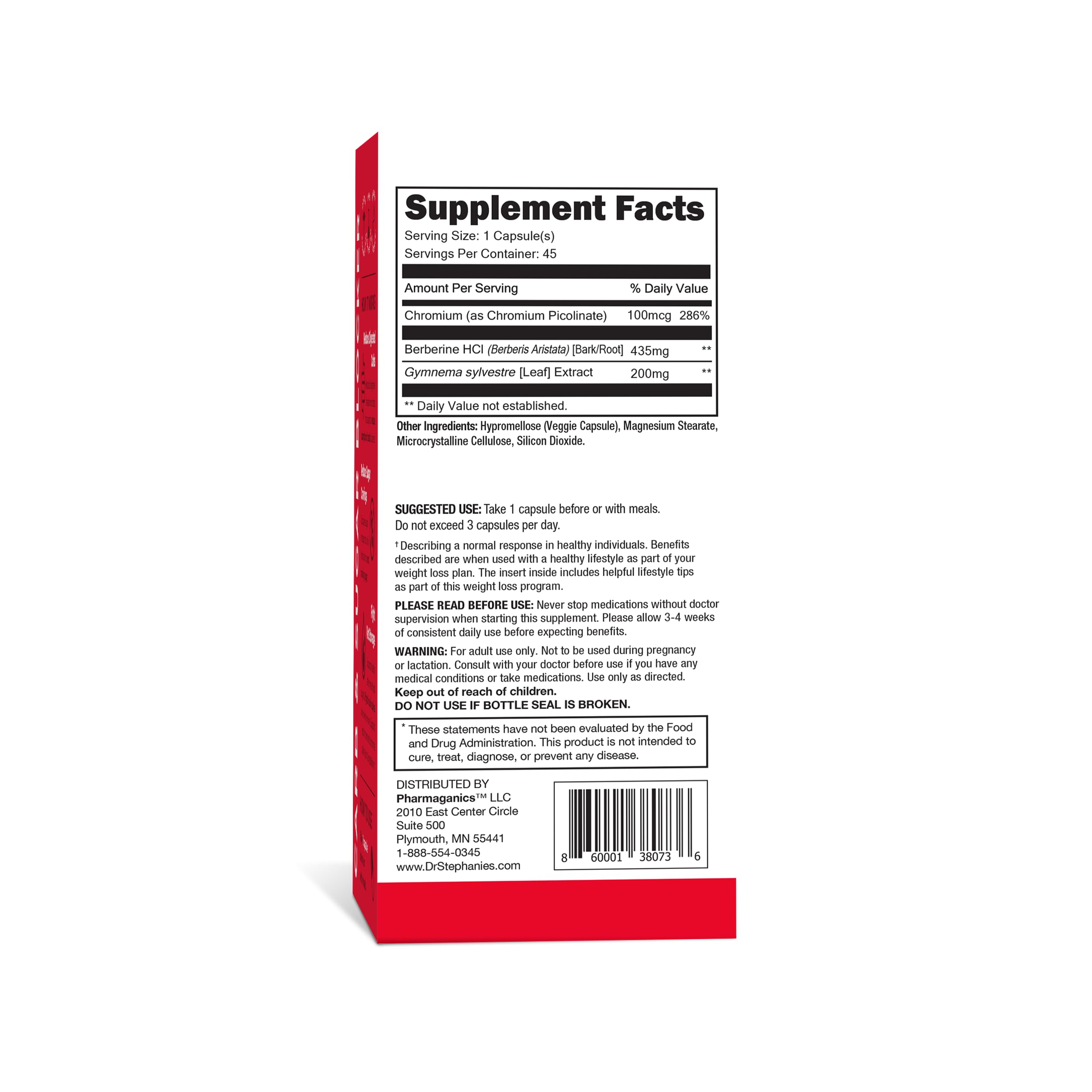 Pharmaganics tableau dosage, cadre montrant le dosage recommandé et les conseils d'utilisation.