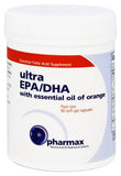 Pharmax Ultra EPA/DHA: bouteille en vue rapprochée, soutien potentiel à la santé cérébrale et cardiovasculaire.