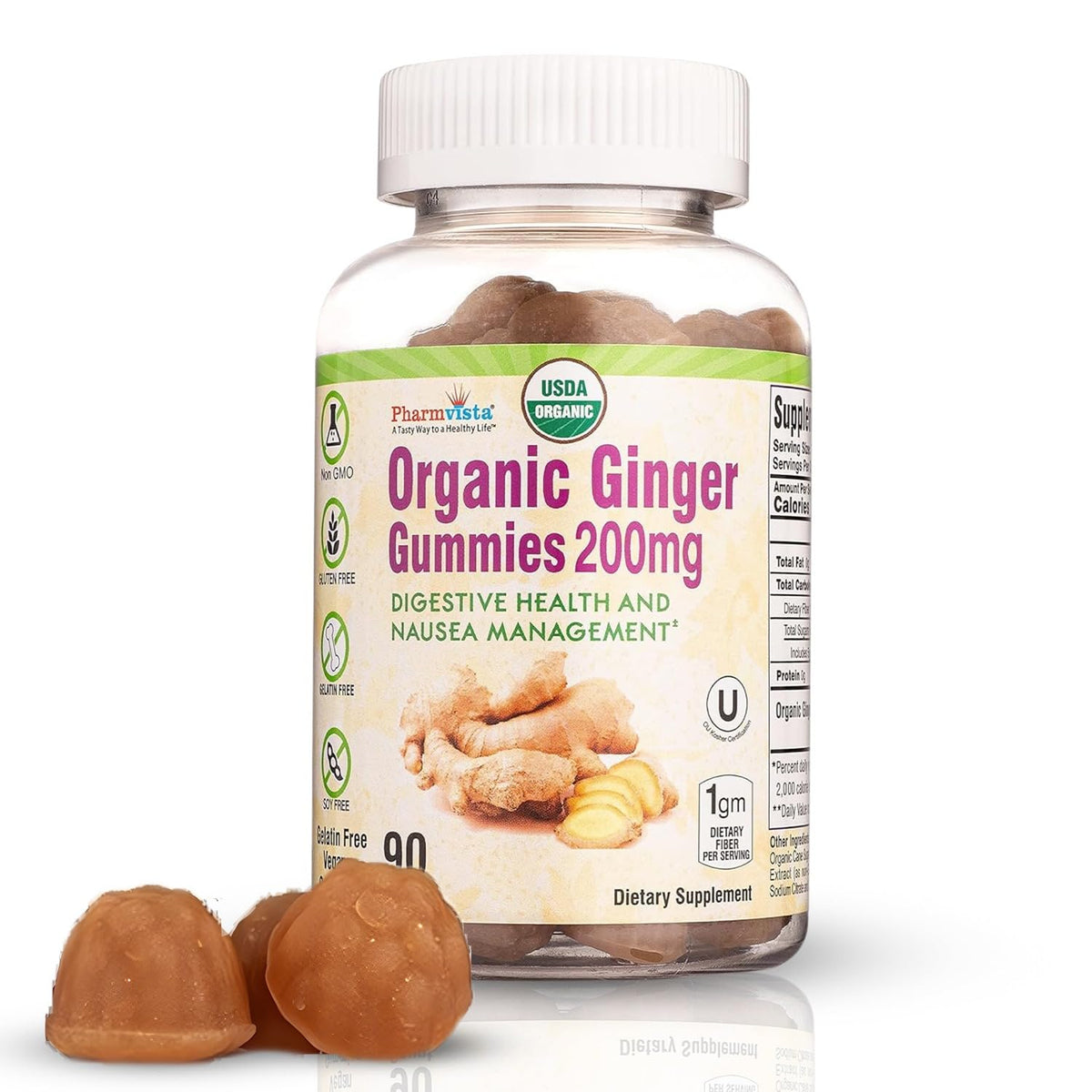 Gommes Pharmvista gingembre bio, 200 mg, bouchée pour la digestion.
