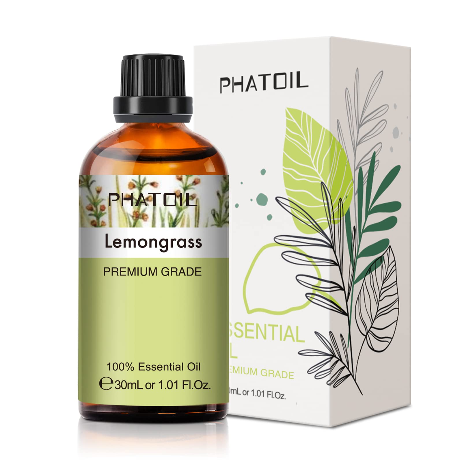 PHATOIL huile lemongrass dans flacon ambré, idéal pour diffusion aromatique.