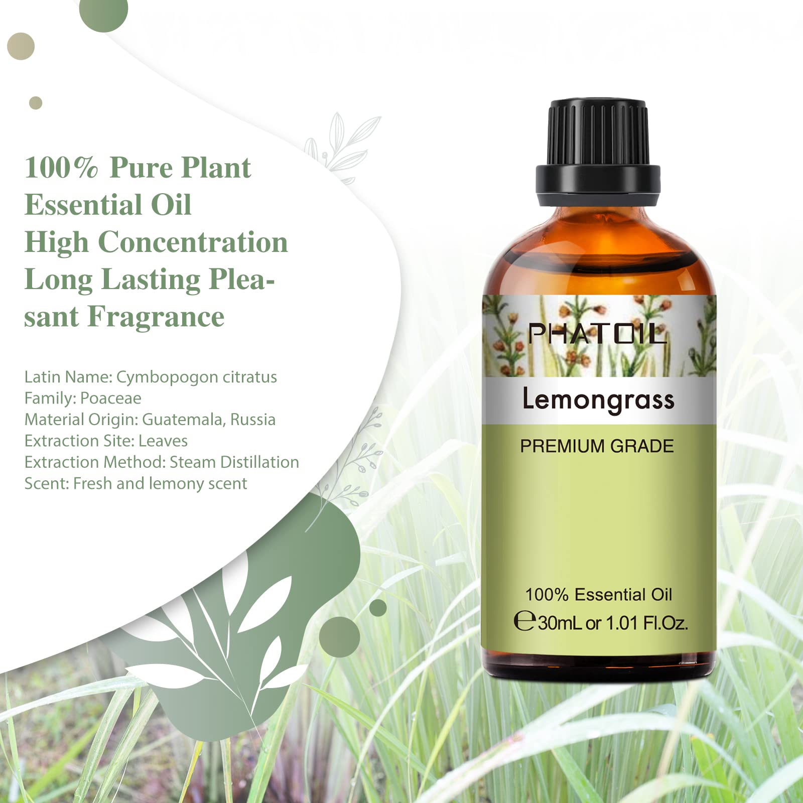 PHATOIL huile lemongrass pure et naturelle, sans additifs.