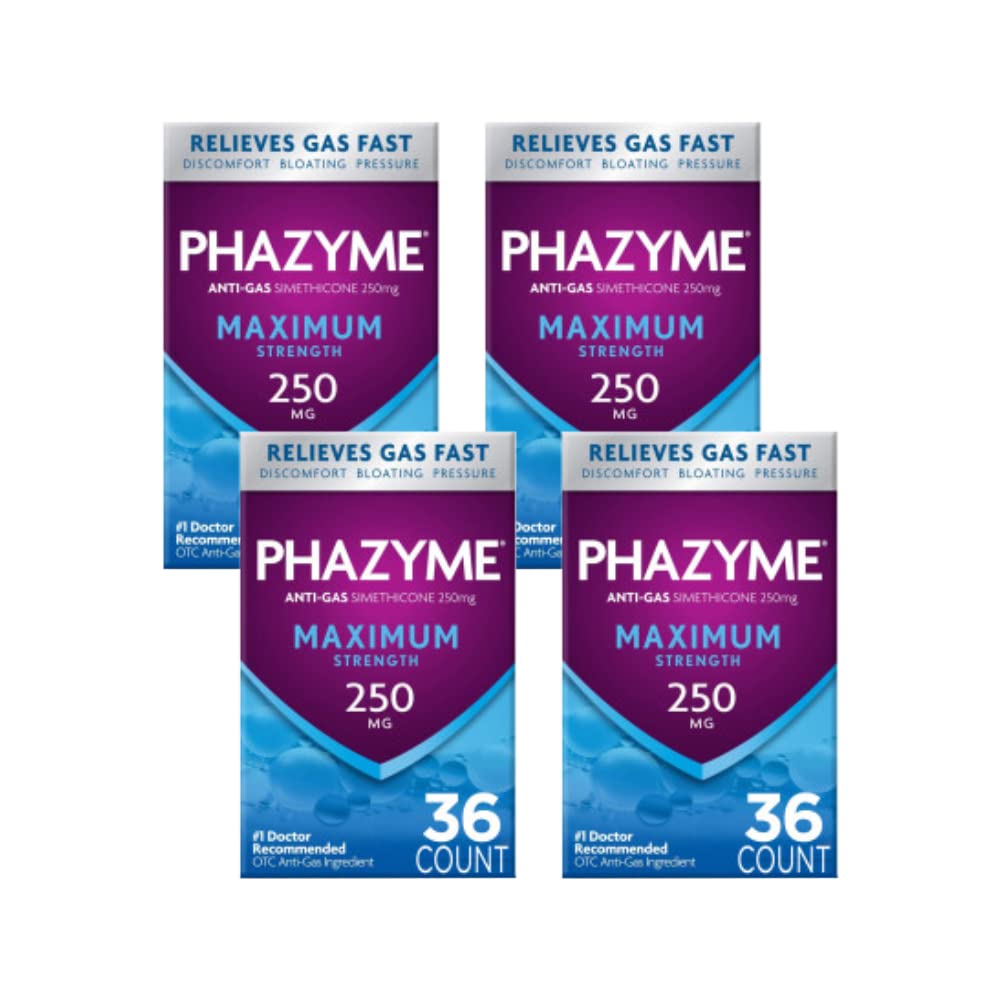 Phazyme Maximum Strength emballage indiquant relief rapide du gaz et ballonnements.