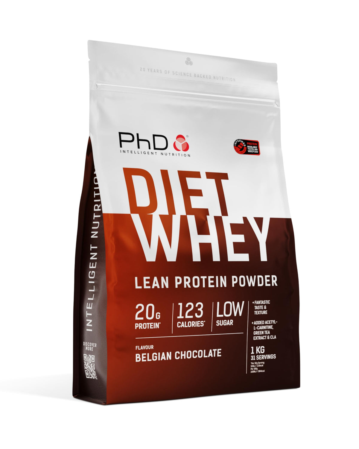 PhD Diet Whey chocolat belge, pot visible prêt à être utilisé.