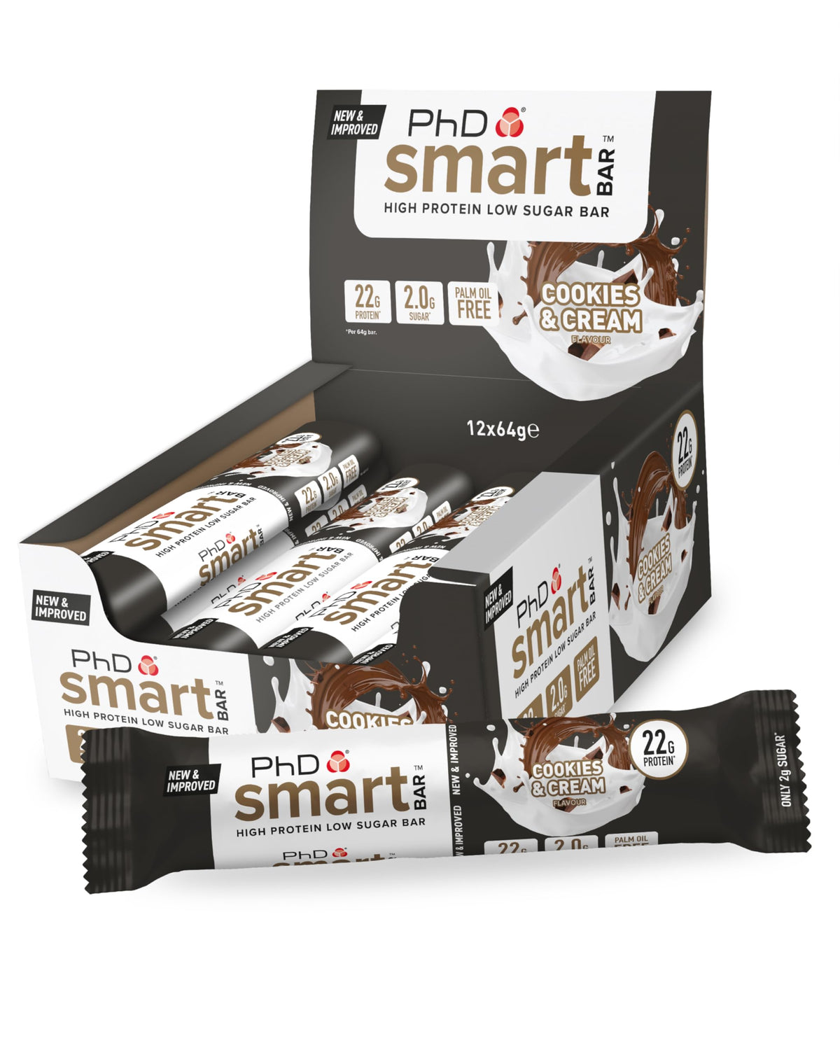 PhD Smart Bar boîte 12, présentation pratique pour collation riche en protéines.