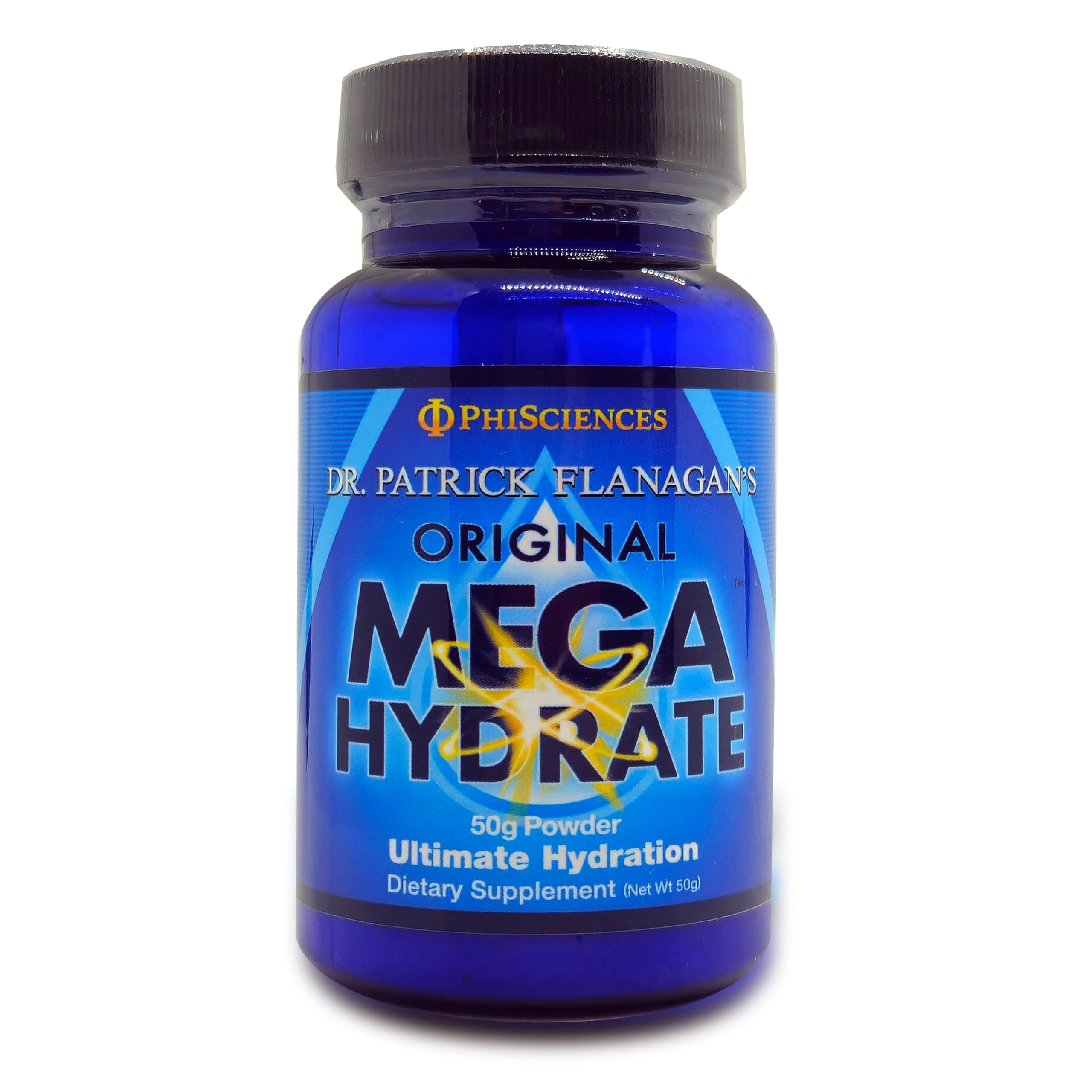 Phi Sciences Mega Hydrate dans son emballage, favorise l'hydratation cellulaire potentielle.