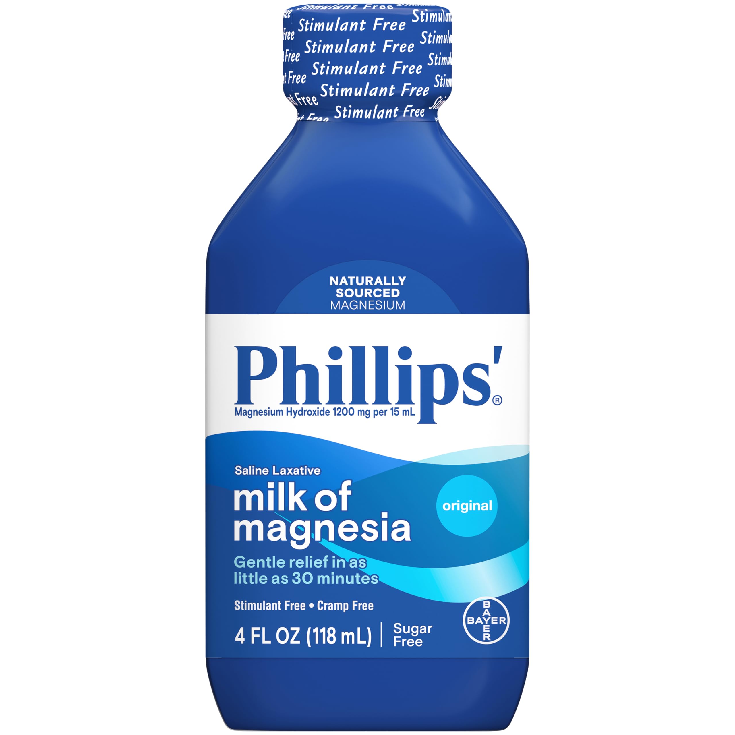 Étiquette claire indiquant la formule sans stimulant de Phillips’ Lait de Magnésie.