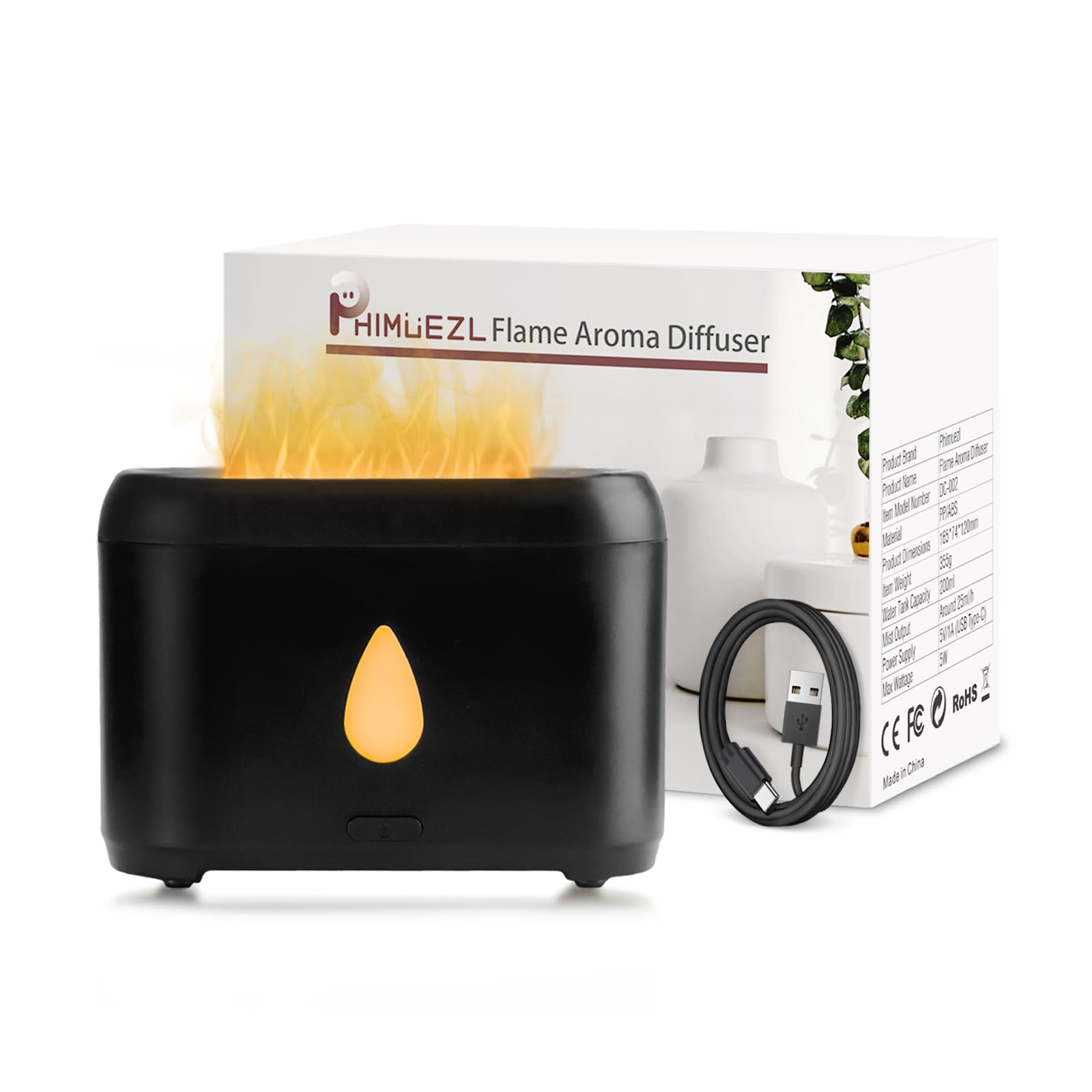 Phimuezl diffuseur-flamme vue avant noir, ambiance chaleureuse et aromathérapie douce.