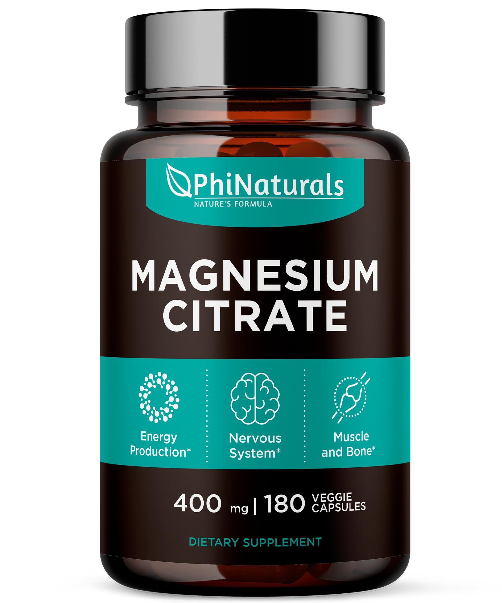 PhiNaturals Magnésium citrate 400 mg — bouteille prête pour une prise quotidienne pratique